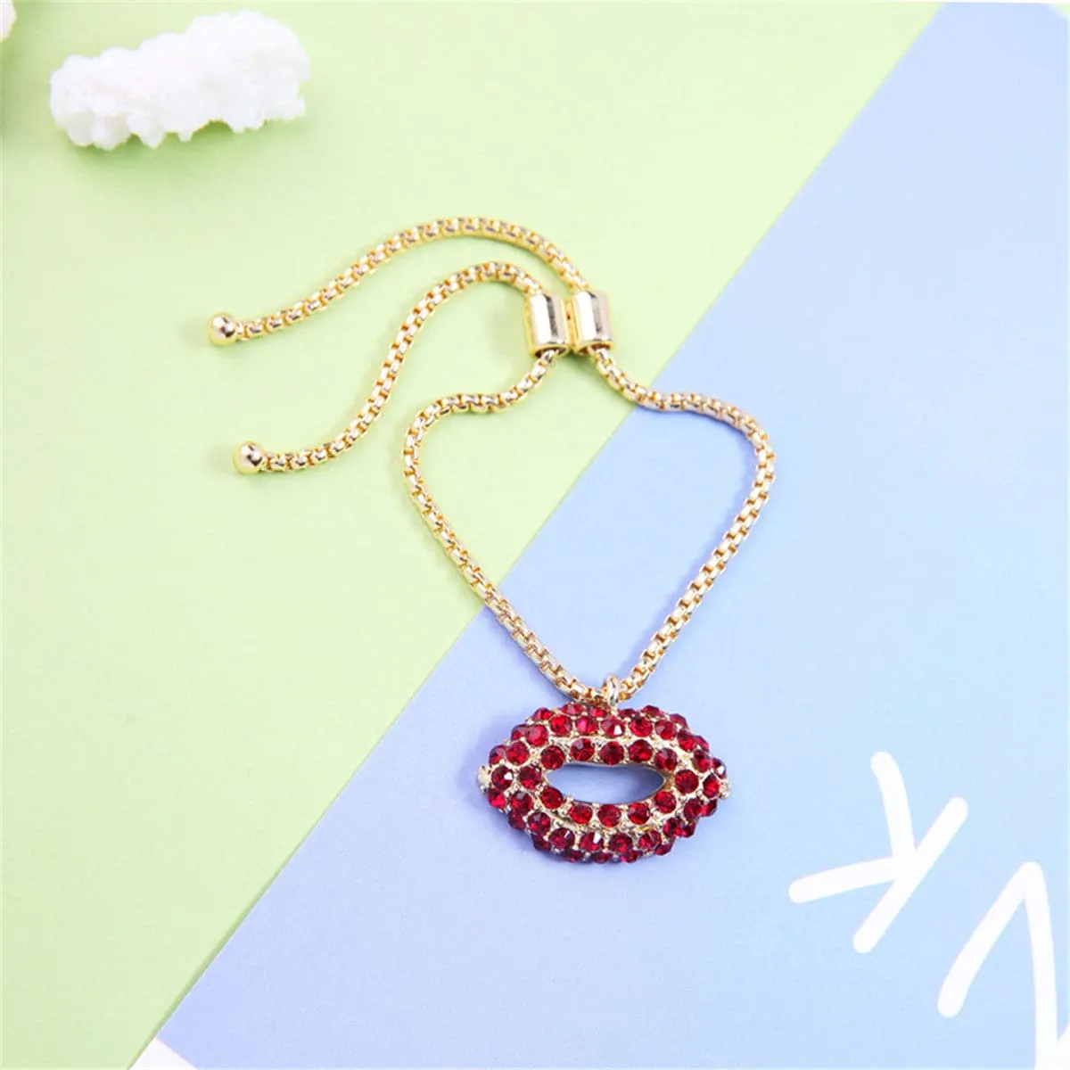 Red Cubic Zirconia & 18K Gold-Plated Lips Pendant Adjustable Bracelet