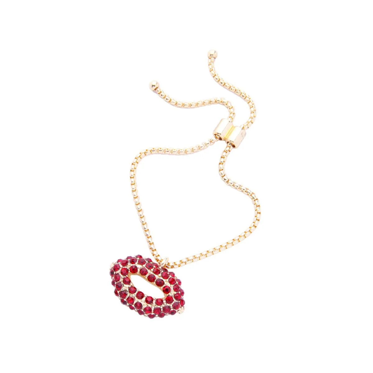 Red Cubic Zirconia & 18K Gold-Plated Lips Pendant Adjustable Bracelet