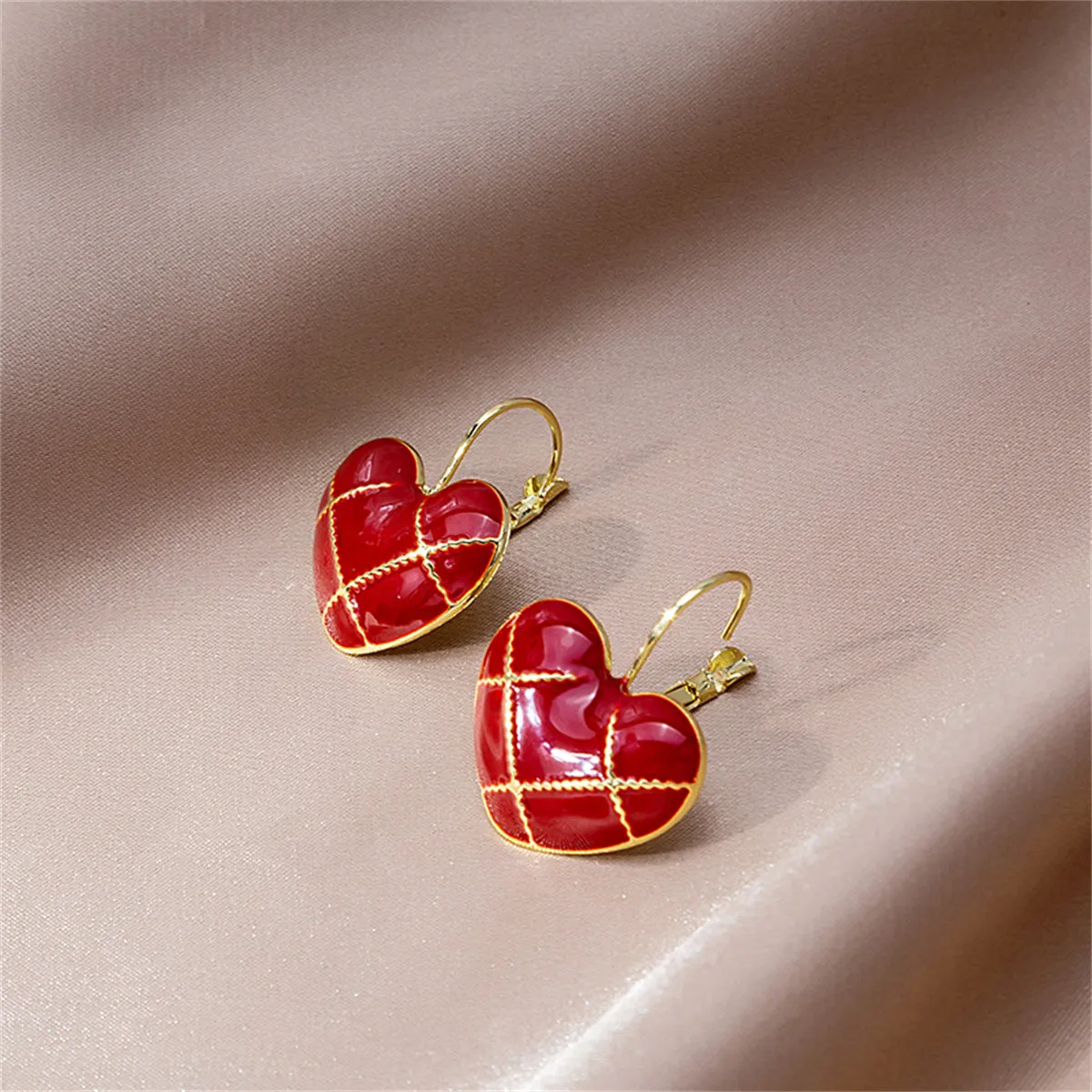 Red Enamel & 18K Gold-Plated Heart Huggie Earrings