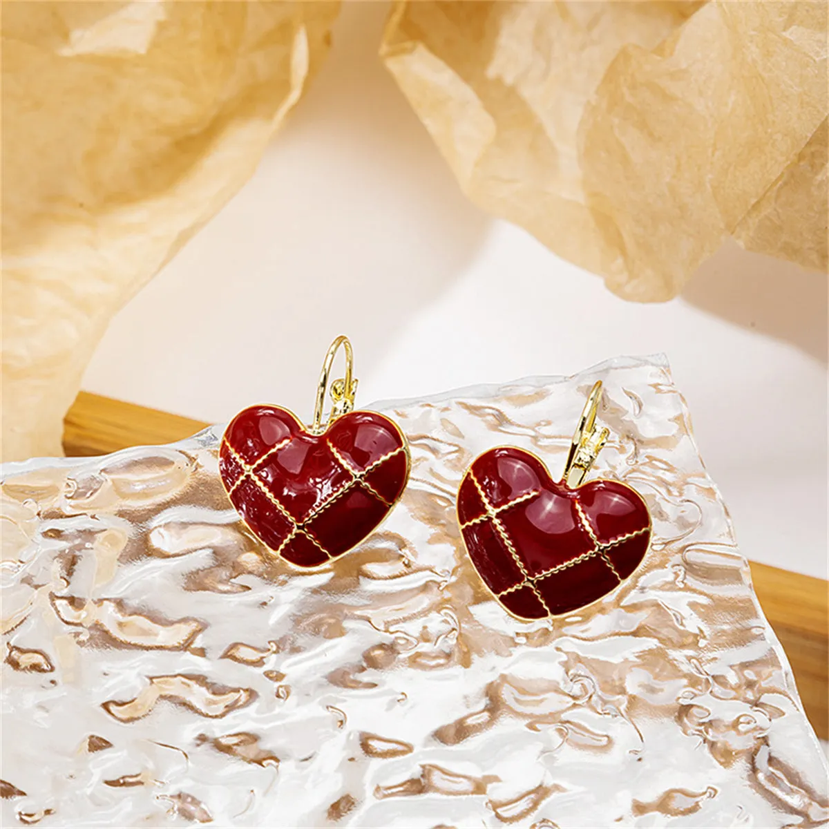 Red Enamel & 18K Gold-Plated Heart Huggie Earrings
