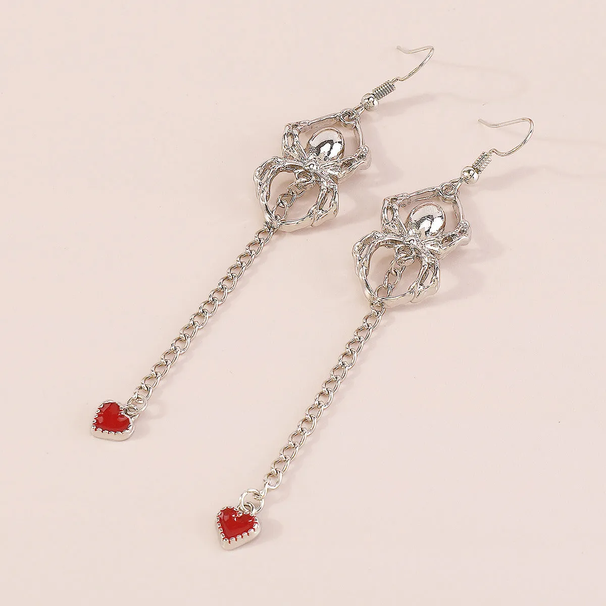 Red Enamel & Silver-Plated Spider Heart Drop Earring