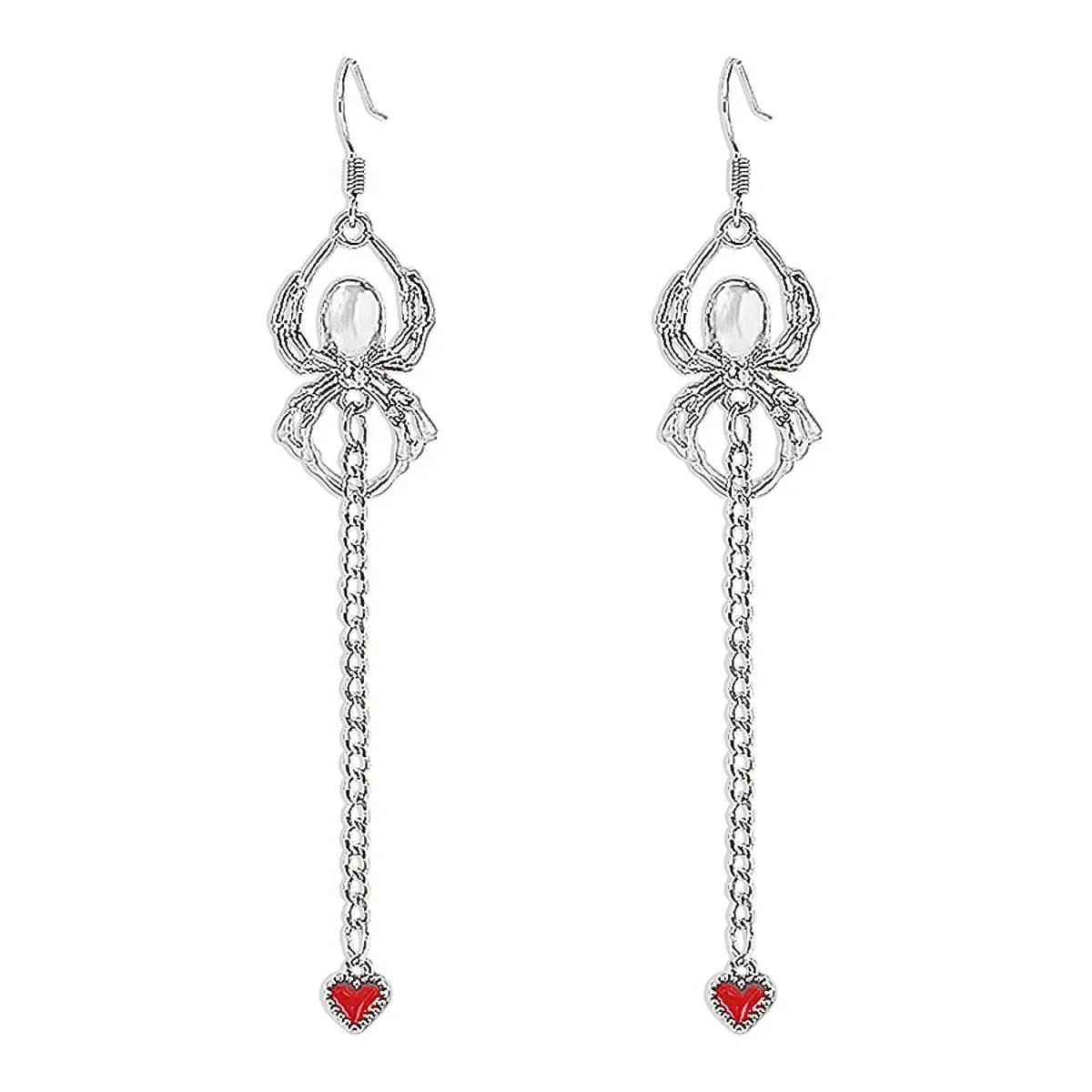 Red Enamel & Silver-Plated Spider Heart Drop Earring