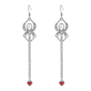 Red Enamel & Silver-Plated Spider Heart Drop Earring