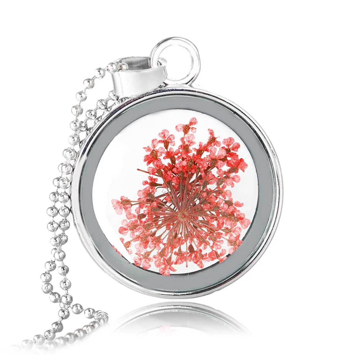 Red Gypsophila & Silver-Plated Round Pendant Necklace