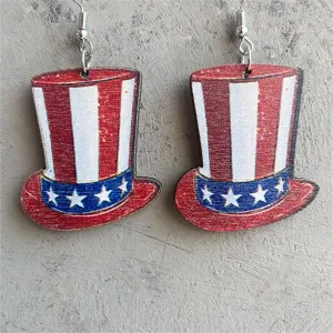Red Multicolor Wood & Silver-Plated Americana Hat Drop Earrings