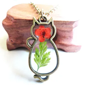 Red Peach Blossom & 18K Gold-Plated Cat Pendant Necklace