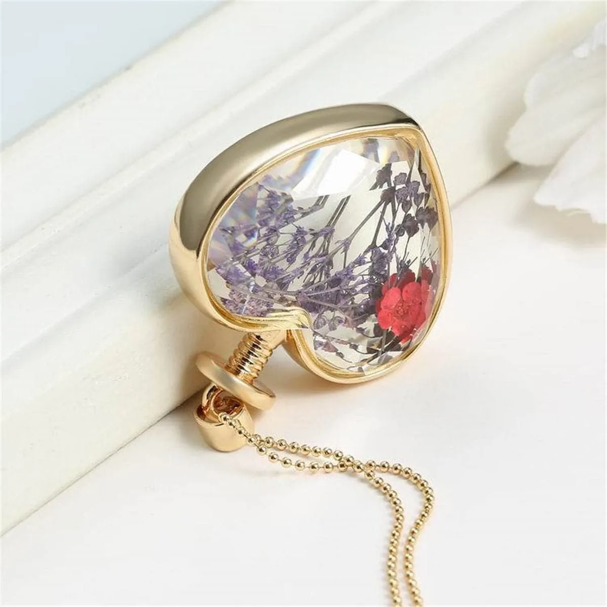 Red Peach Blossom & 18K Gold-Plated Heart Pendant Necklace