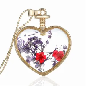 Red Peach Blossom & 18K Gold-Plated Heart Pendant Necklace