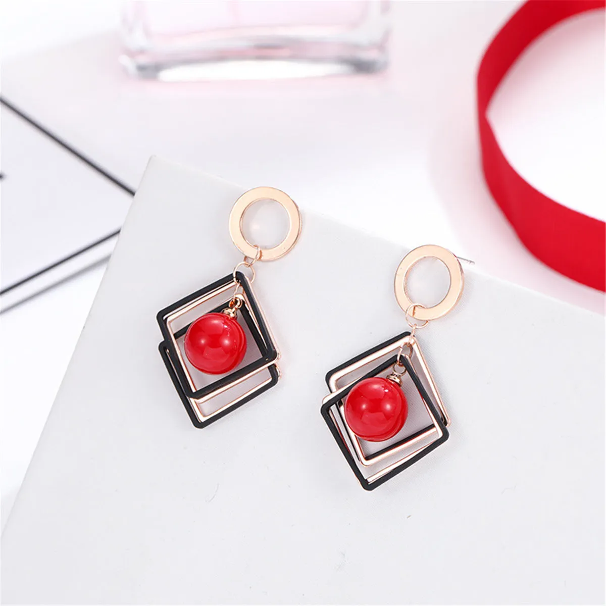 Red Pearl & 18K Rose Gold-Plated Rhombus Drop Earrings