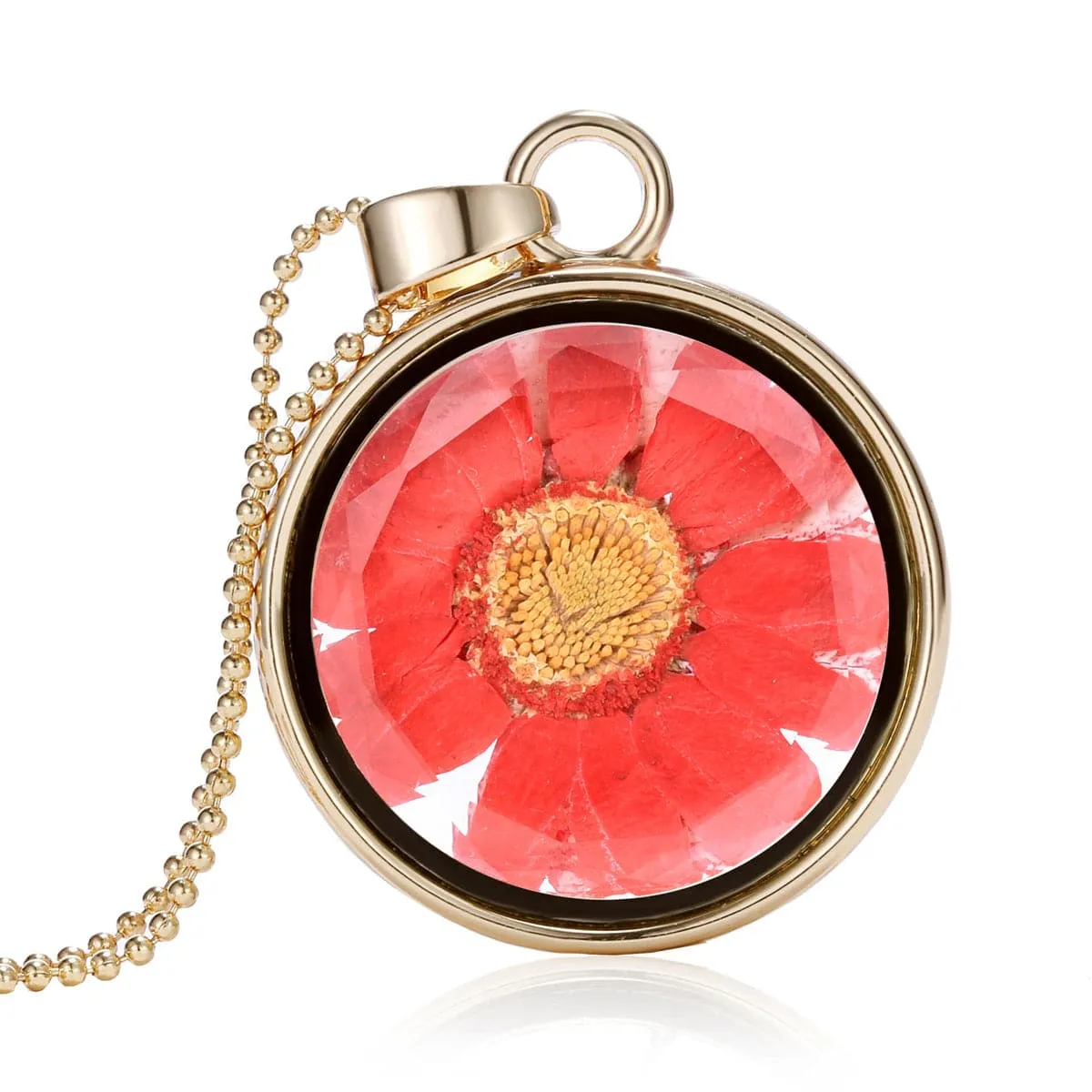 Red Pressed Mum & 18K Gold-Plated Round Pendant Necklace