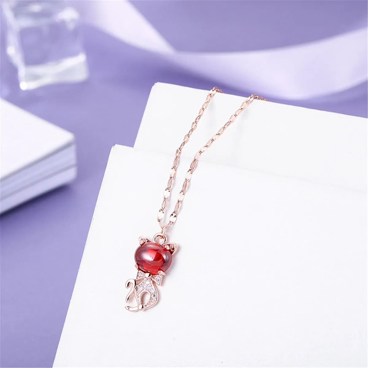 Red Quartz & Cubic Zirconia 18K Rose Gold-Plated Cat Pendant Necklace