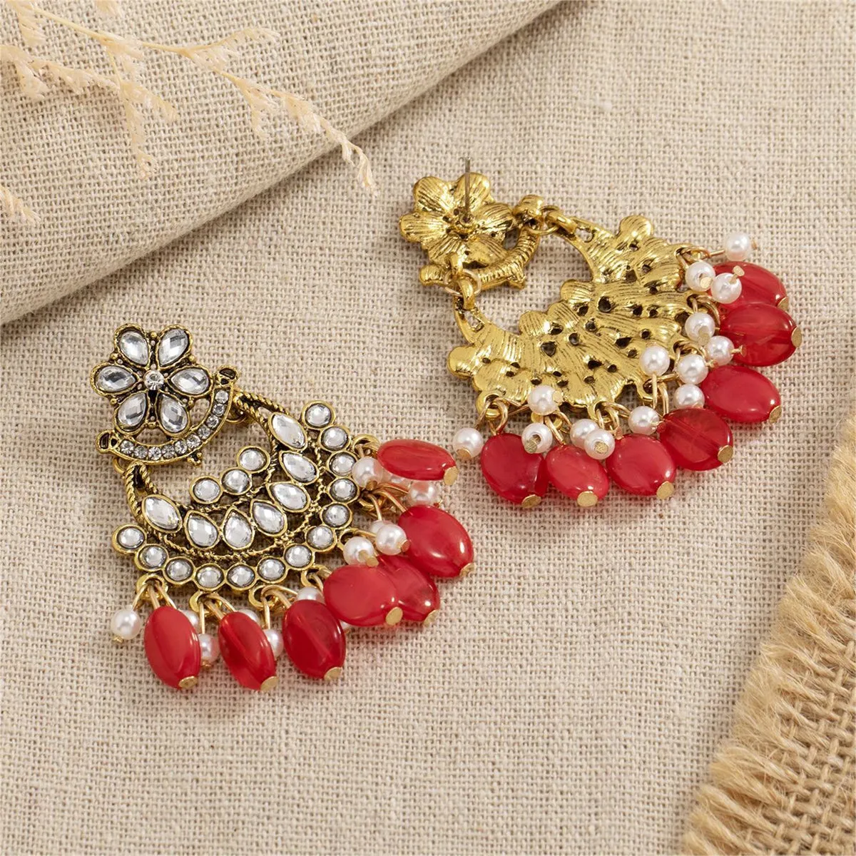 Red Resin & Crystal Cubic Zirconia 18K Gold-Plated Floral Tassel Drop Earrings