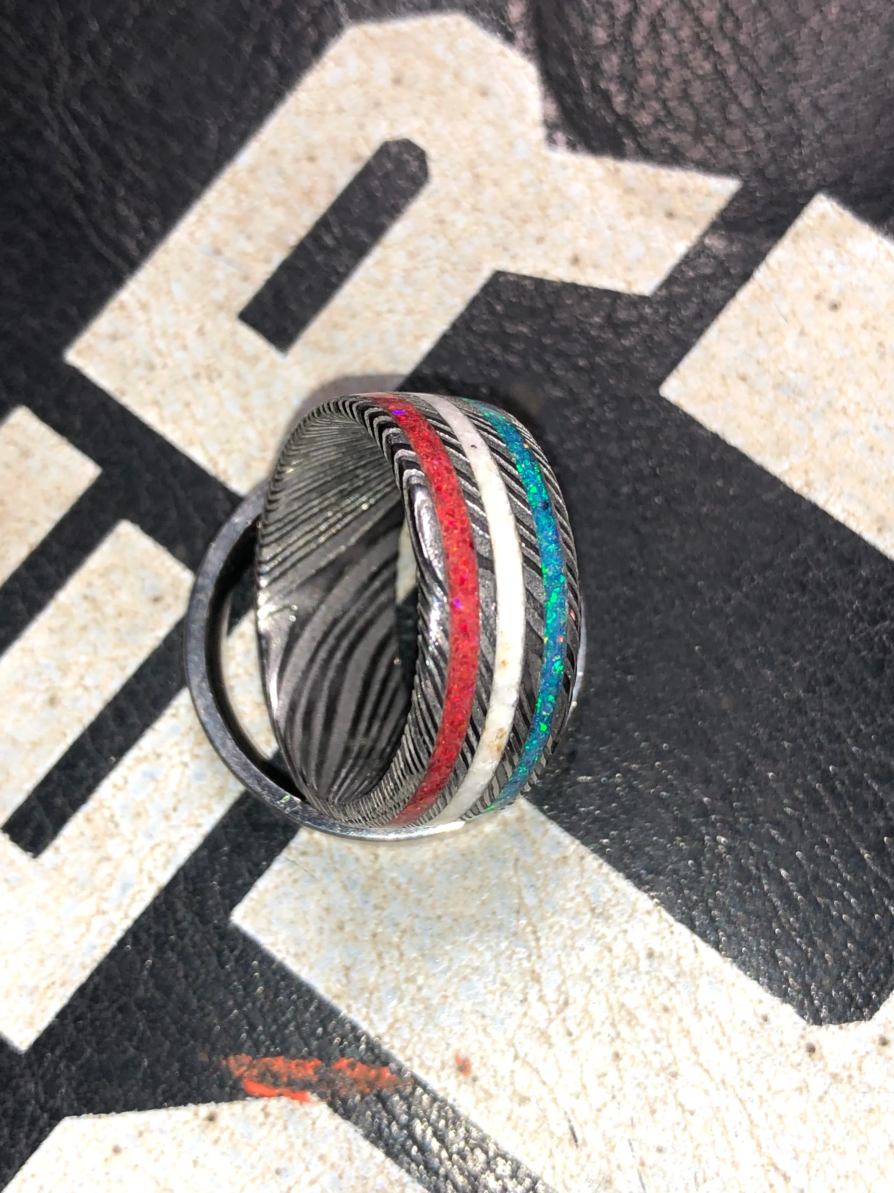 Red white and blue stainless steel damacus
