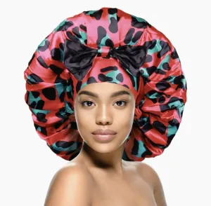 Reversible Jumbo Silky Satin Double Elastic No Tying Red Cheeetah Print Style Bonnet