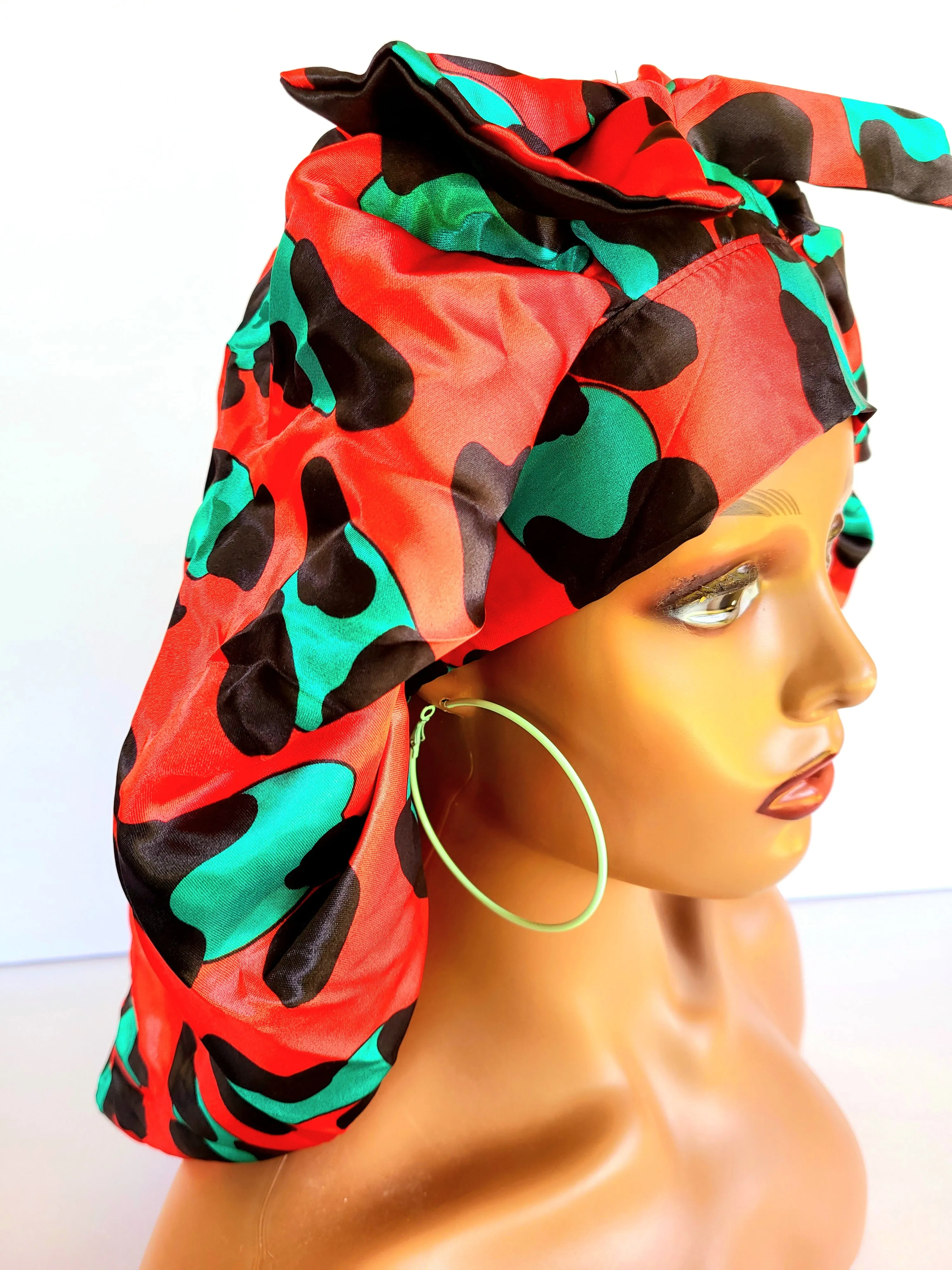 Reversible Jumbo Silky Satin Double Elastic No Tying Red Cheeetah Print Style Bonnet