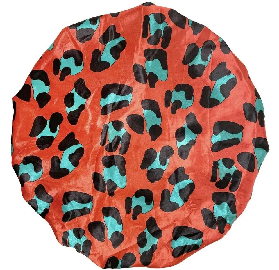Reversible Jumbo Silky Satin Double Elastic No Tying Red Cheeetah Print Style Bonnet