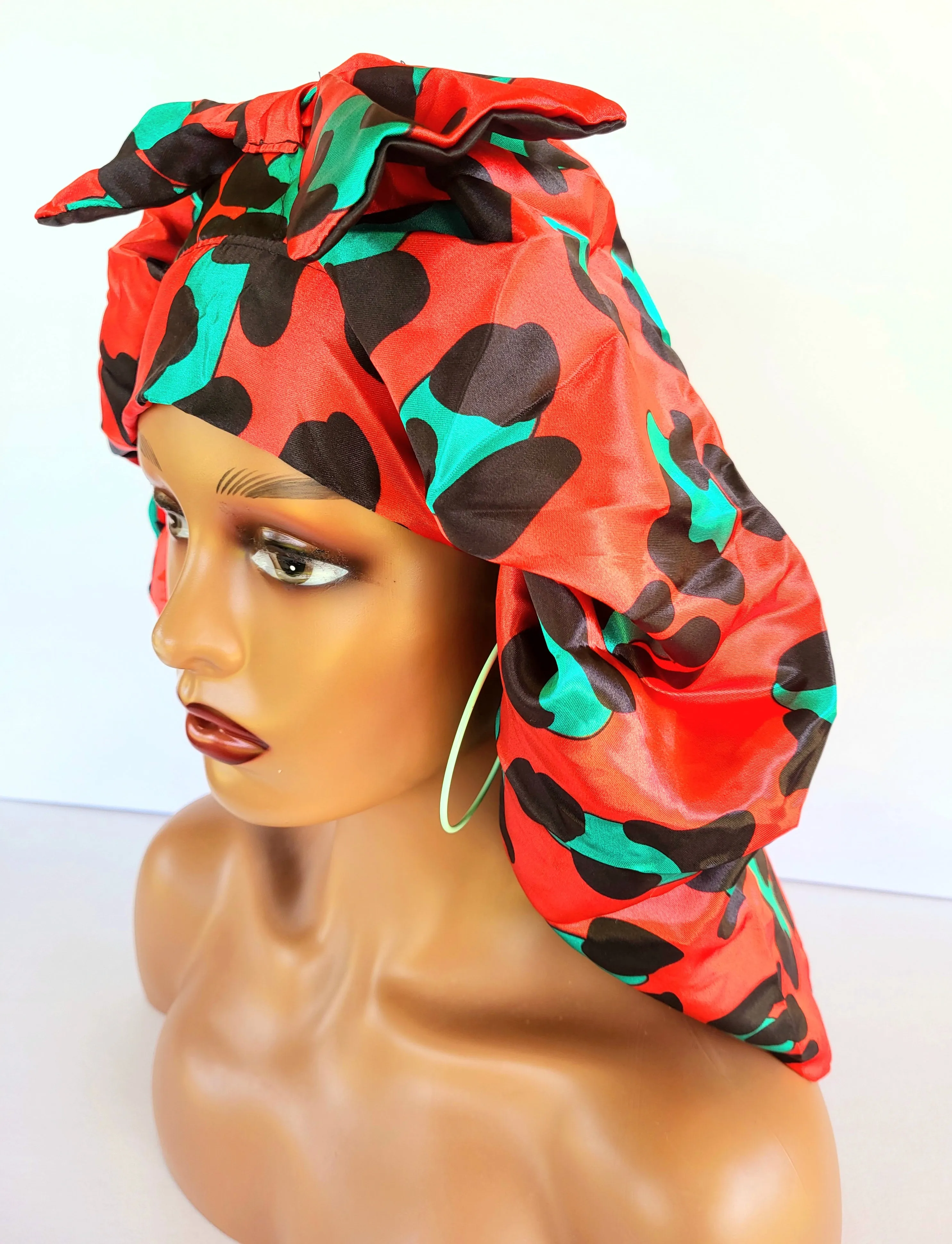 Reversible Jumbo Silky Satin Double Elastic No Tying Red Cheeetah Print Style Bonnet