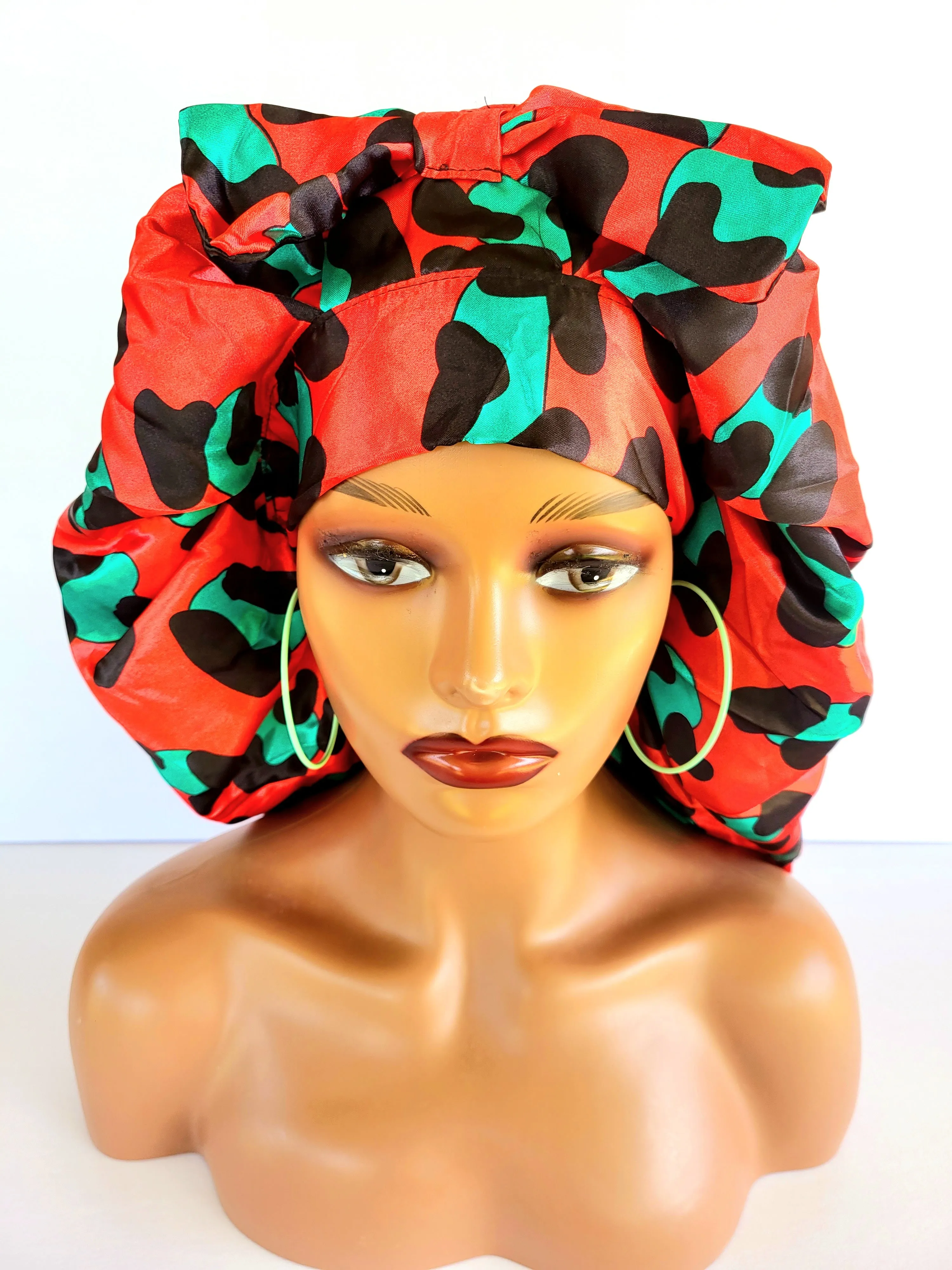 Reversible Jumbo Silky Satin Double Elastic No Tying Red Cheeetah Print Style Bonnet
