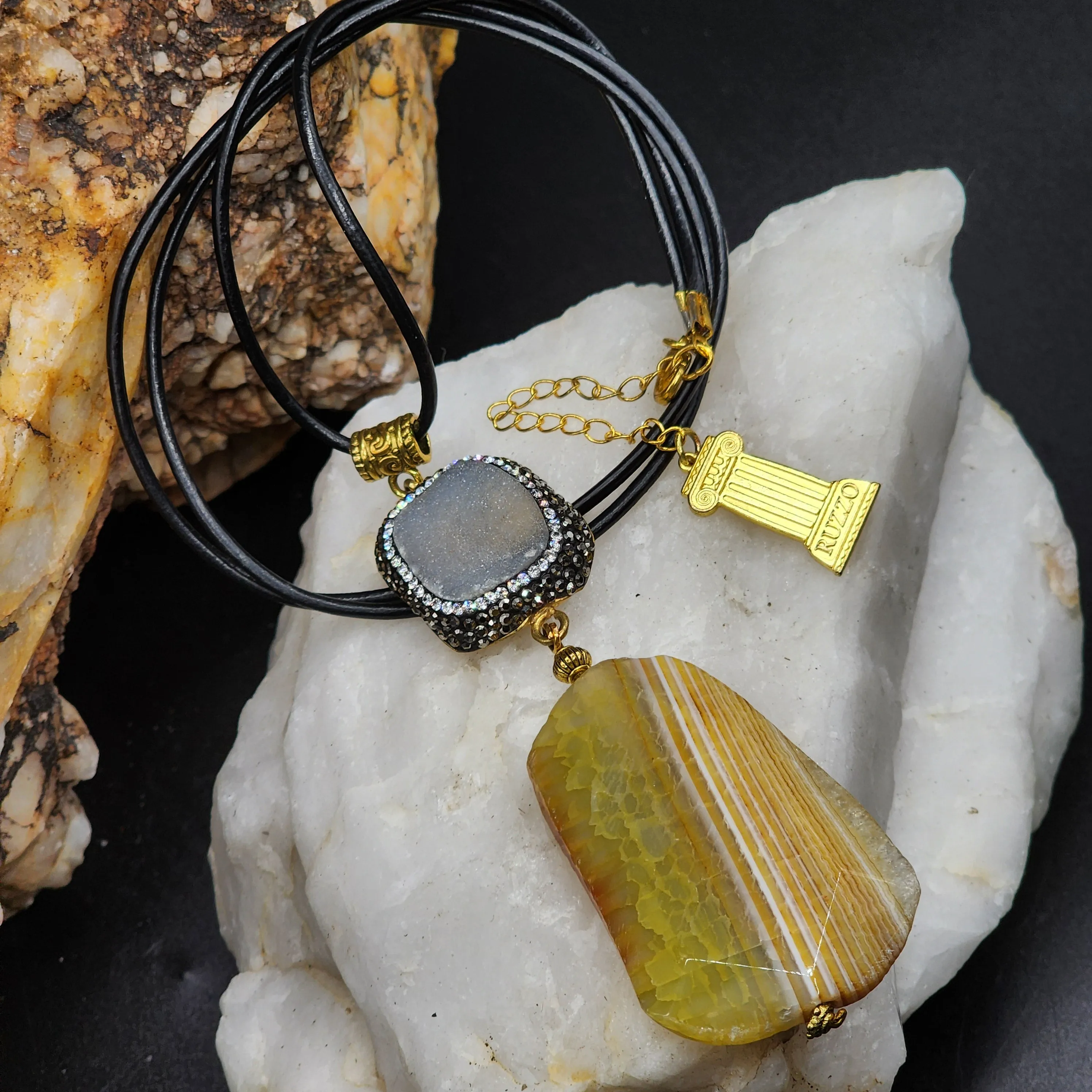 Rock Candy /  Artisan Boho Necklace Designer Jewelry Silver Pendant Natural Agate Stone Unique Long Necklace Jewelry Gift For Lady