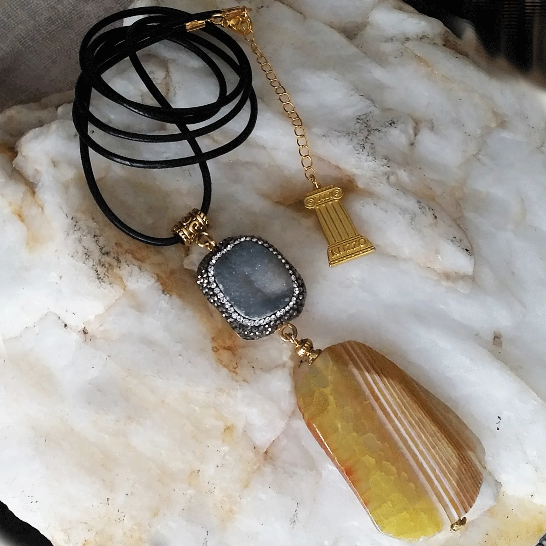 Rock Candy /  Artisan Boho Necklace Designer Jewelry Silver Pendant Natural Agate Stone Unique Long Necklace Jewelry Gift For Lady