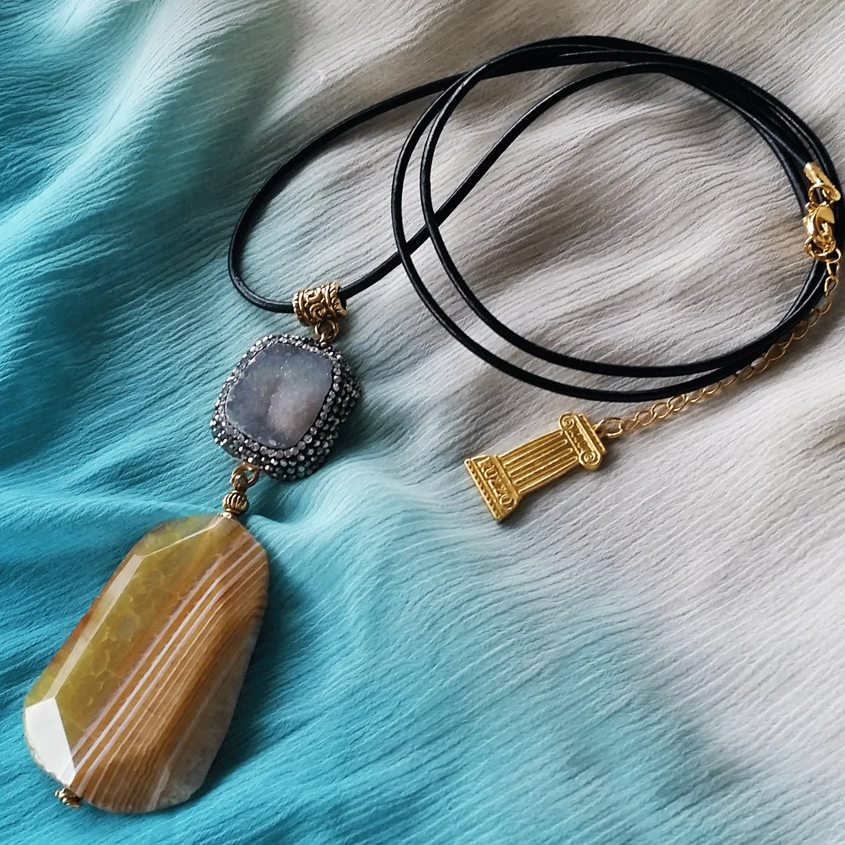 Rock Candy /  Artisan Boho Necklace Designer Jewelry Silver Pendant Natural Agate Stone Unique Long Necklace Jewelry Gift For Lady