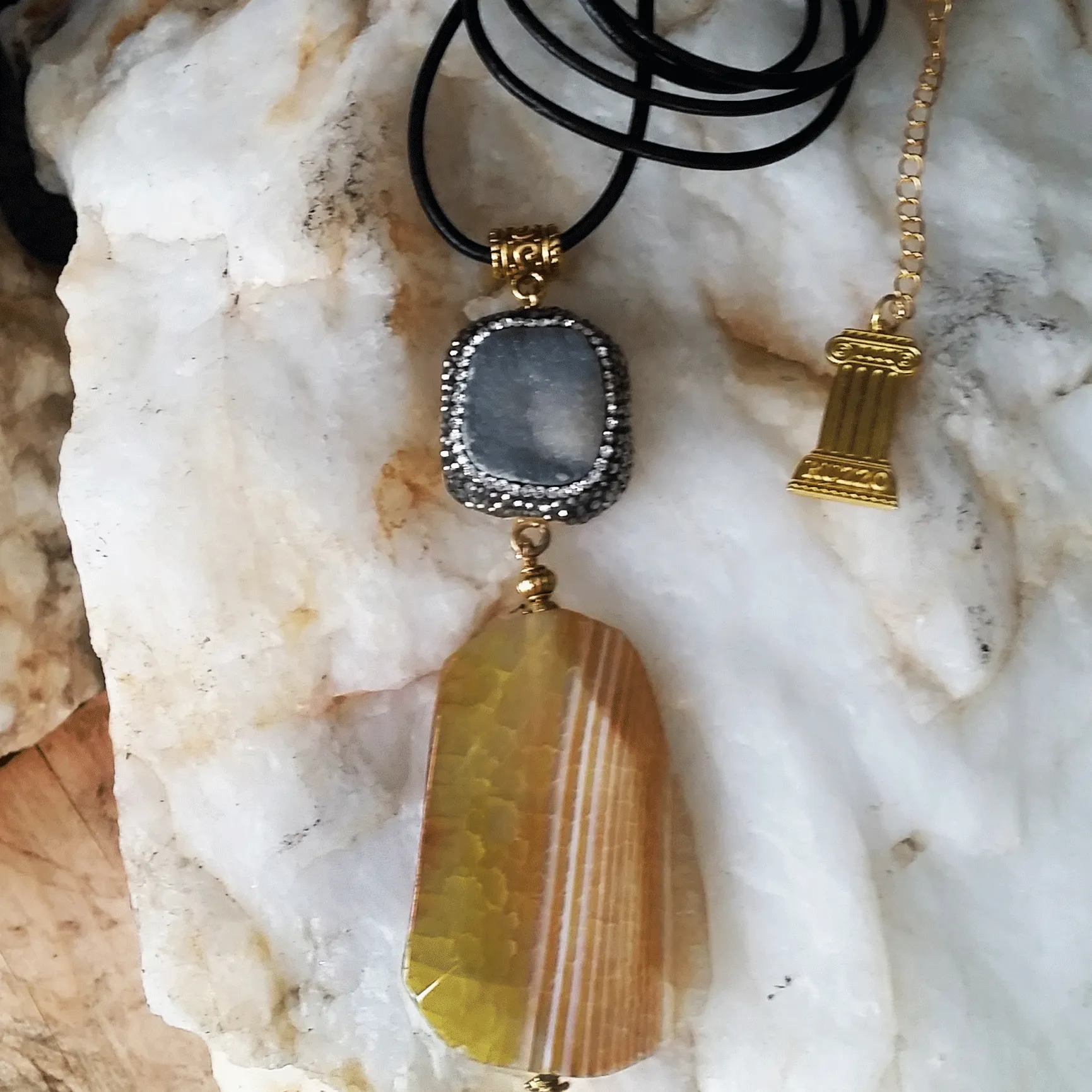 Rock Candy /  Artisan Boho Necklace Designer Jewelry Silver Pendant Natural Agate Stone Unique Long Necklace Jewelry Gift For Lady