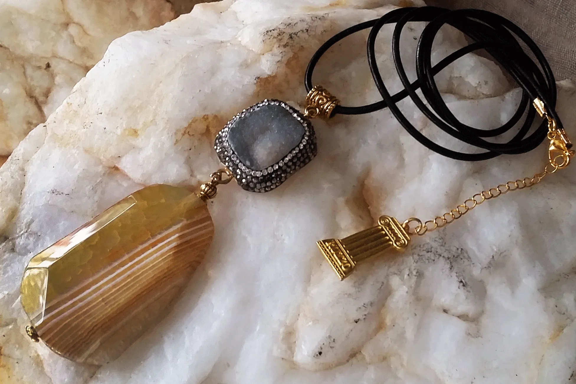 Rock Candy /  Artisan Boho Necklace Designer Jewelry Silver Pendant Natural Agate Stone Unique Long Necklace Jewelry Gift For Lady