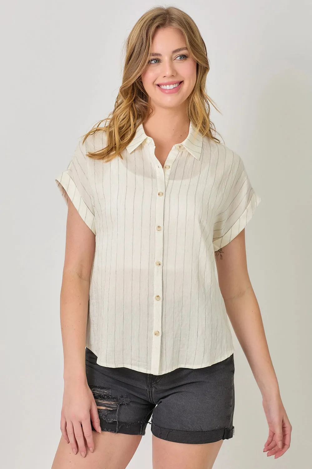 Rolled Up Sleeve Stripe Top - Ivory