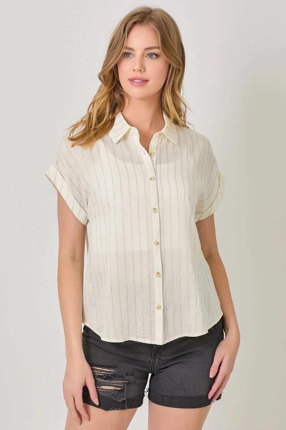 Rolled Up Sleeve Stripe Top - Ivory
