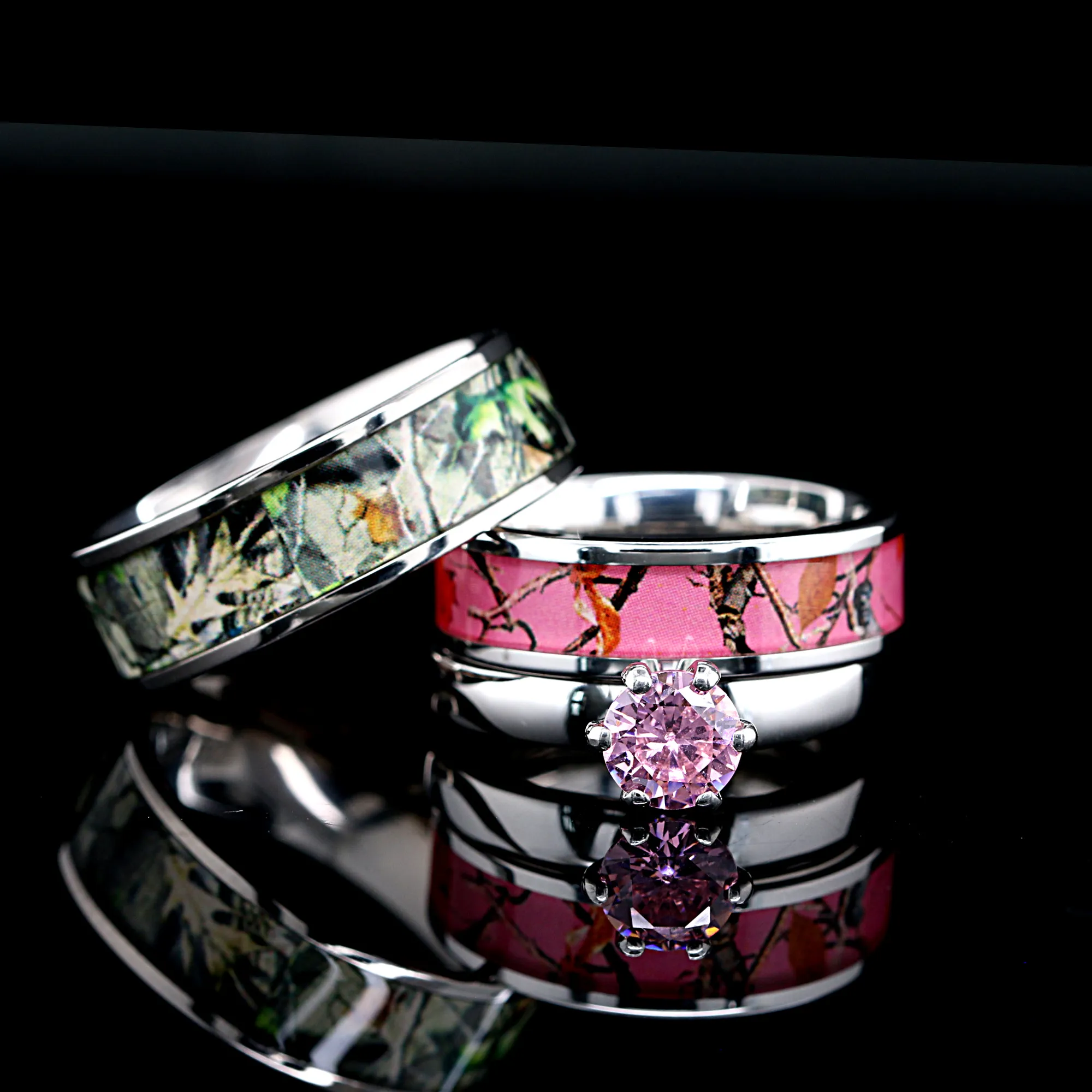 Rose Camo Bond Set - 3 piece His & Her Pink Camo Wedding Ring Set Stainless Steel and Titanium Engagement Rings