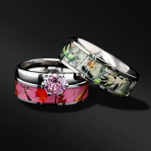 Rose Camo Bond Set - 3 piece His & Her Pink Camo Wedding Ring Set Stainless Steel and Titanium Engagement Rings