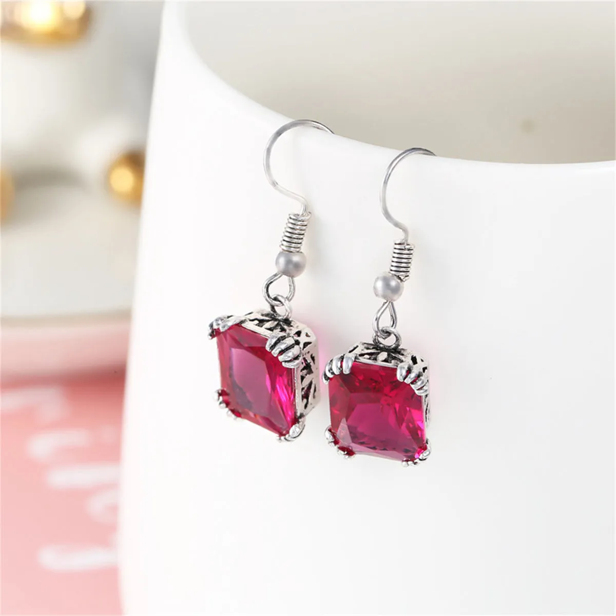 Rose Crystal & Silver-Plated Princess-Cut Drop Earrings