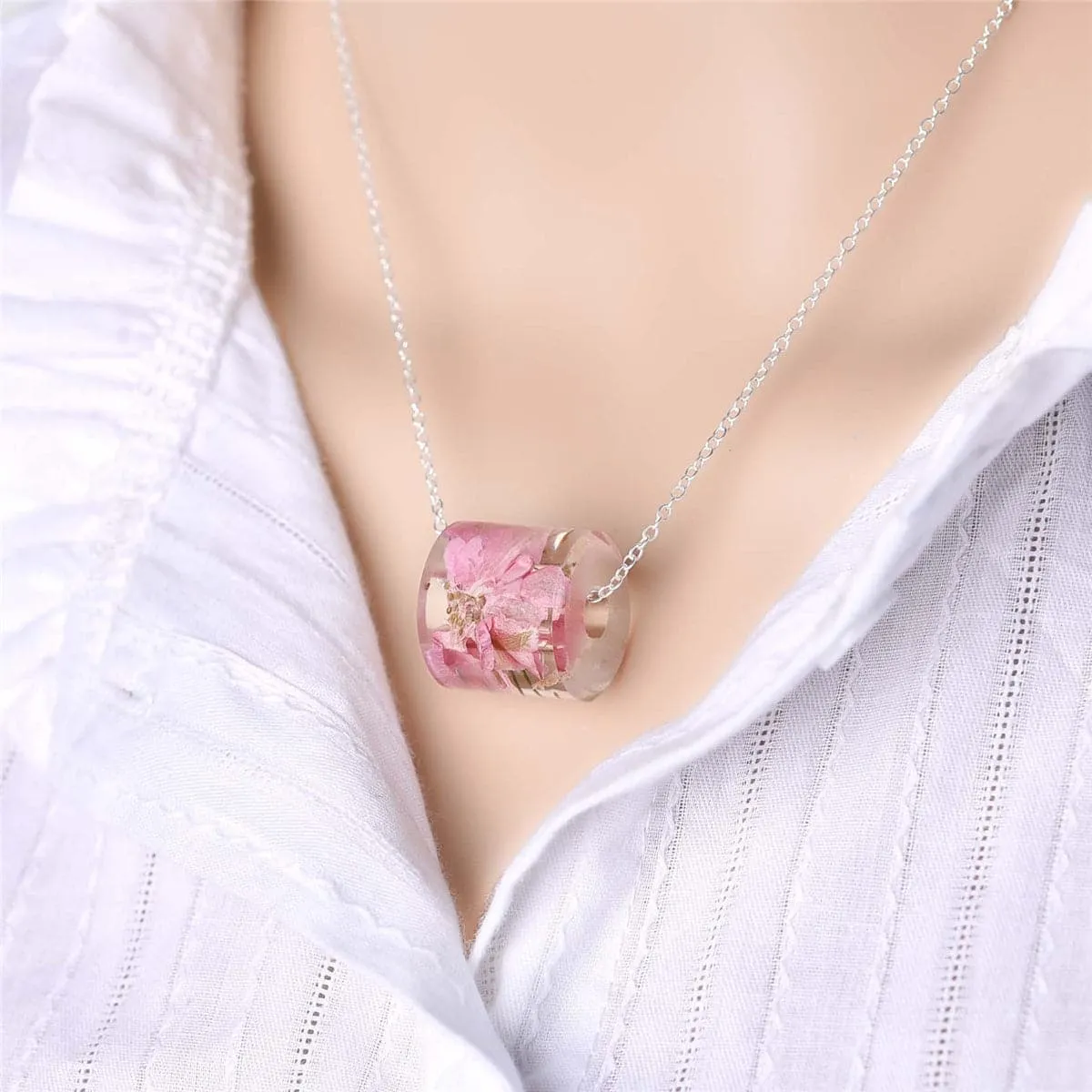 Rose Pink Dried Flower & Silver-Plated Cylinder Pendant Necklace