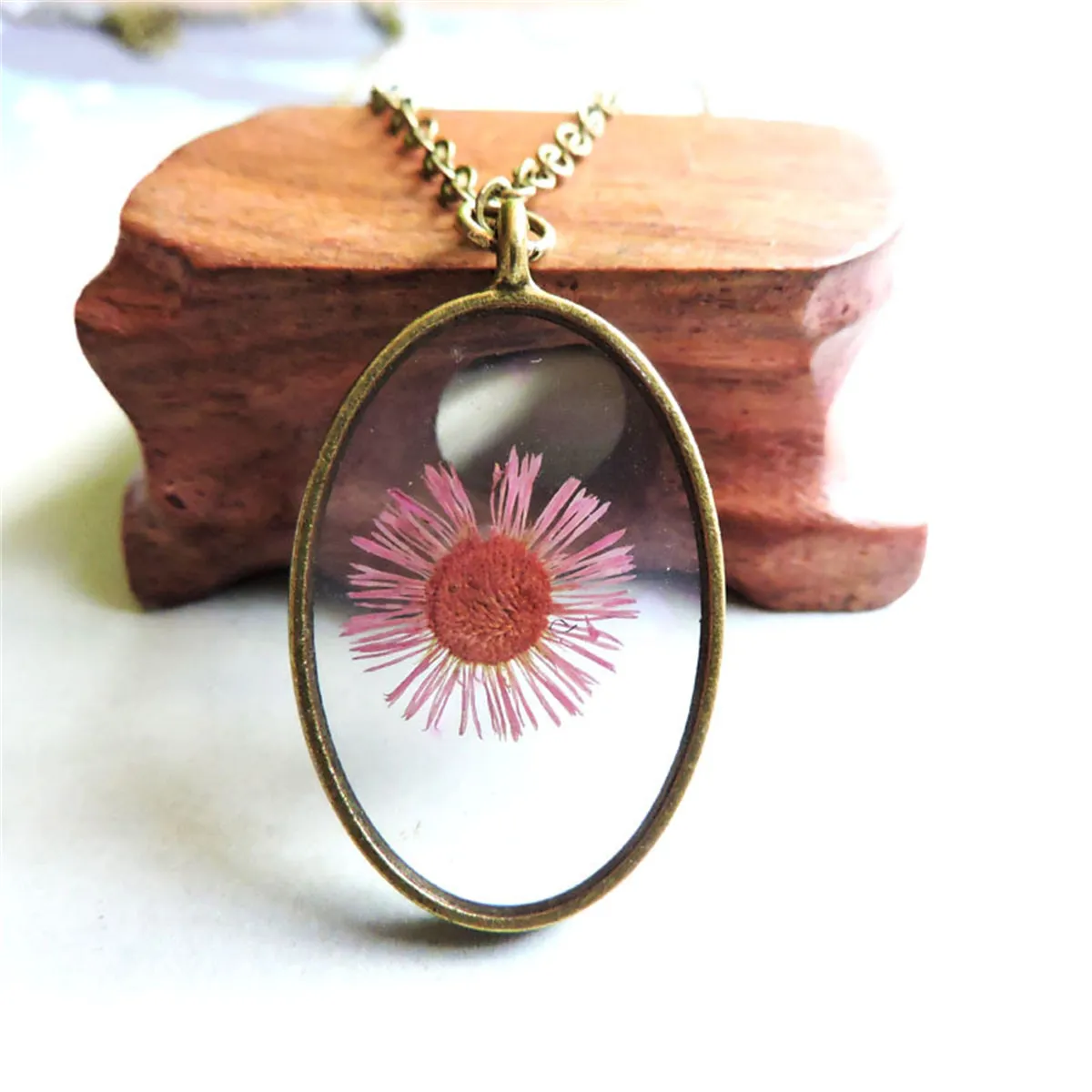 Rose Pressed Flower & 18K Gold-Plated Oval Pendant Necklace