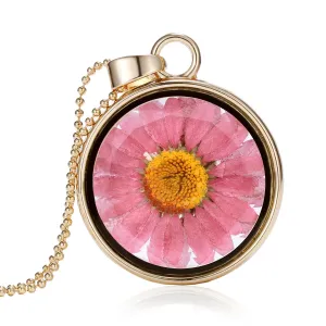 Rose Pressed Mum & 18K Gold-Plated Round Pendant Necklace