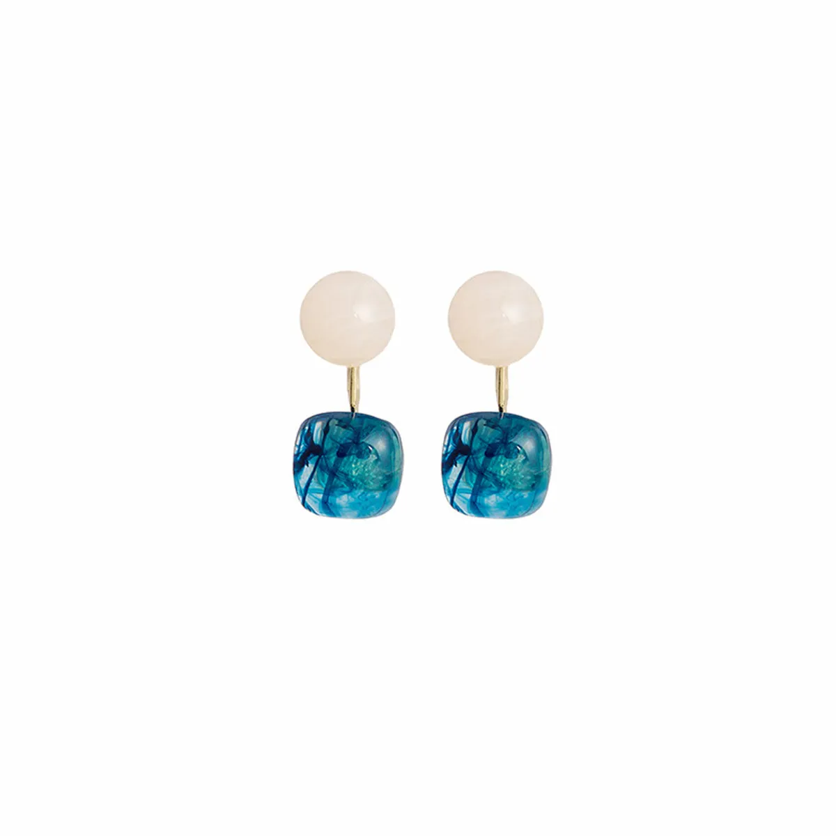 Rose Quartz & Blue Resin Round Square Drop Earrings
