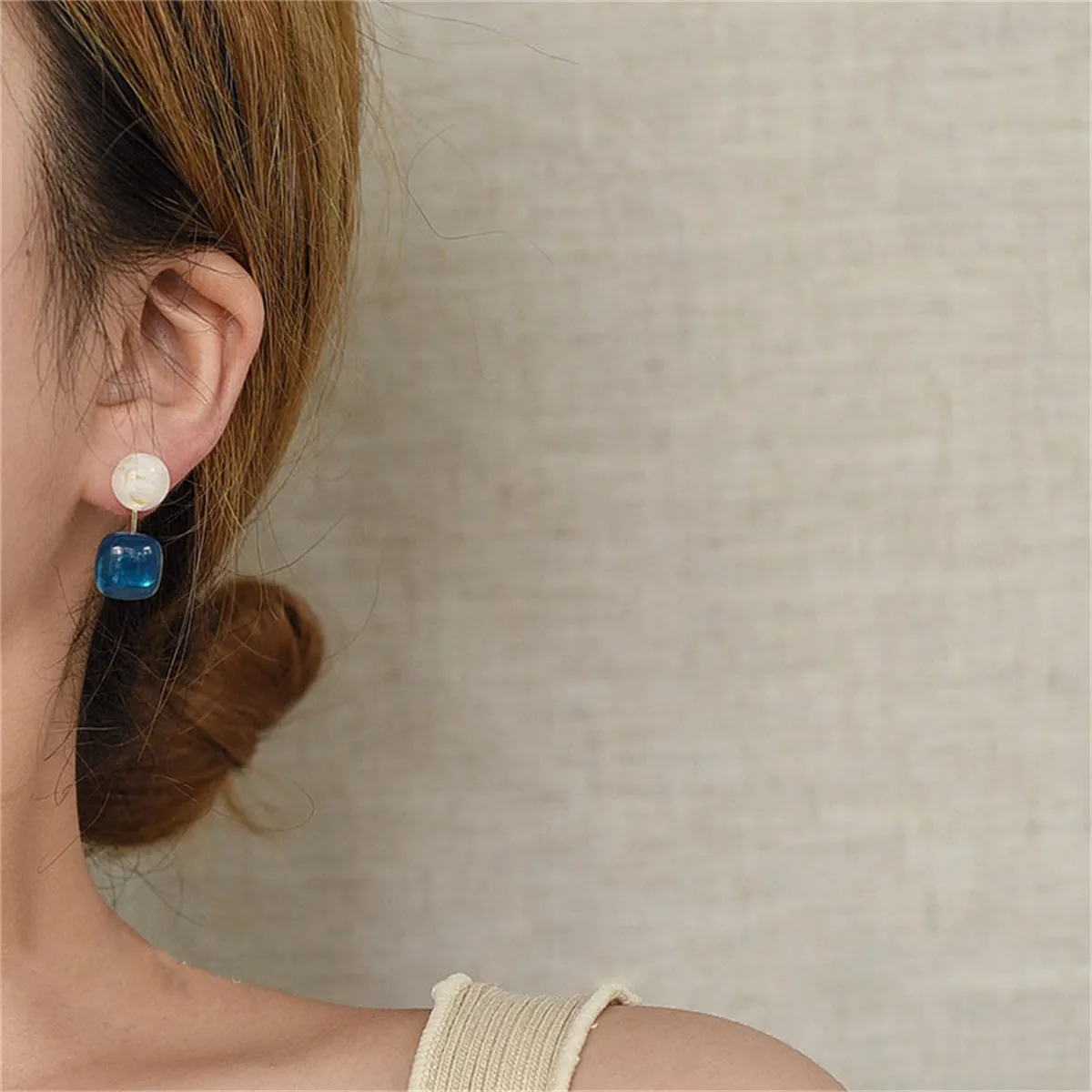 Rose Quartz & Blue Resin Round Square Drop Earrings