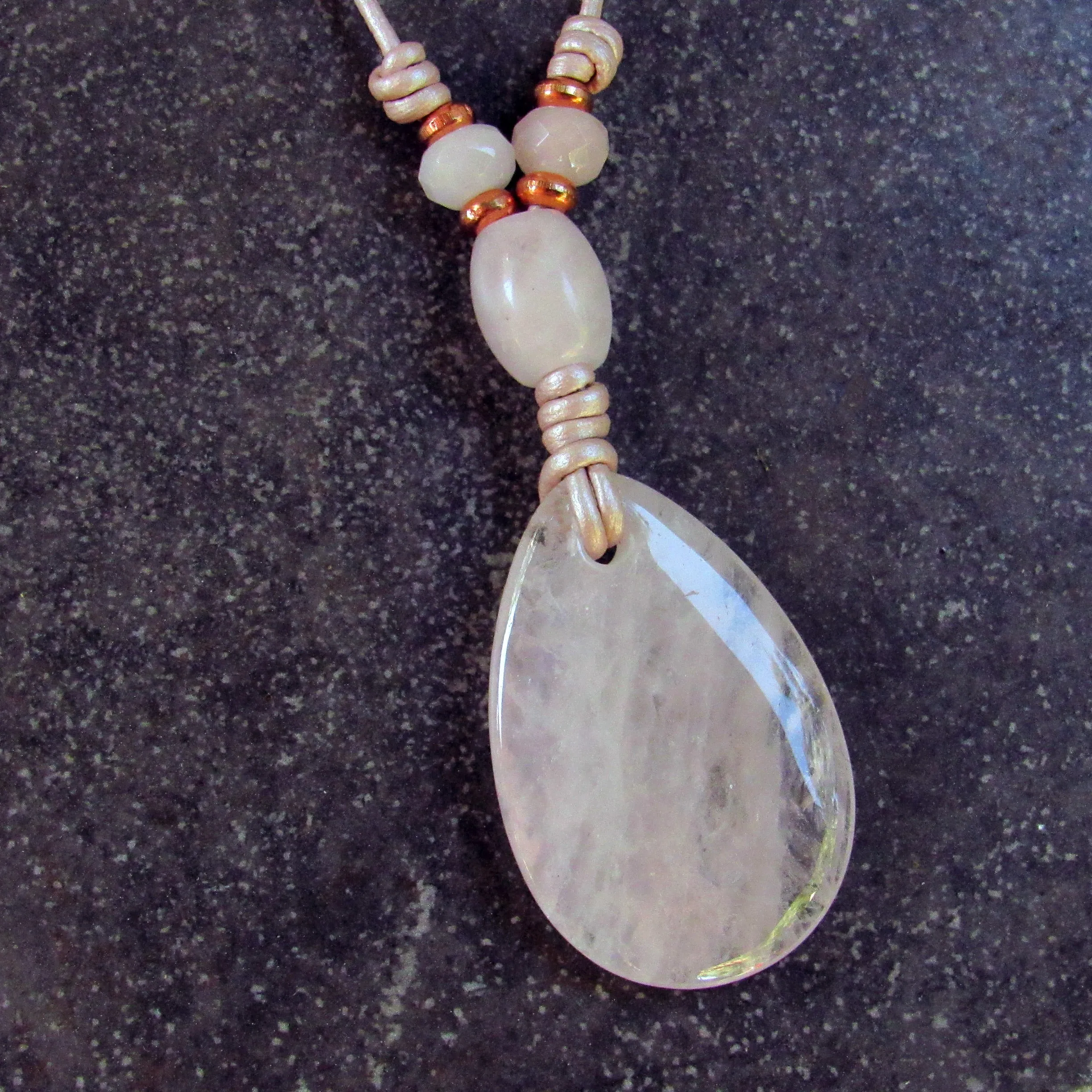 Rose Quartz and Copper on Pink Leather Necklace