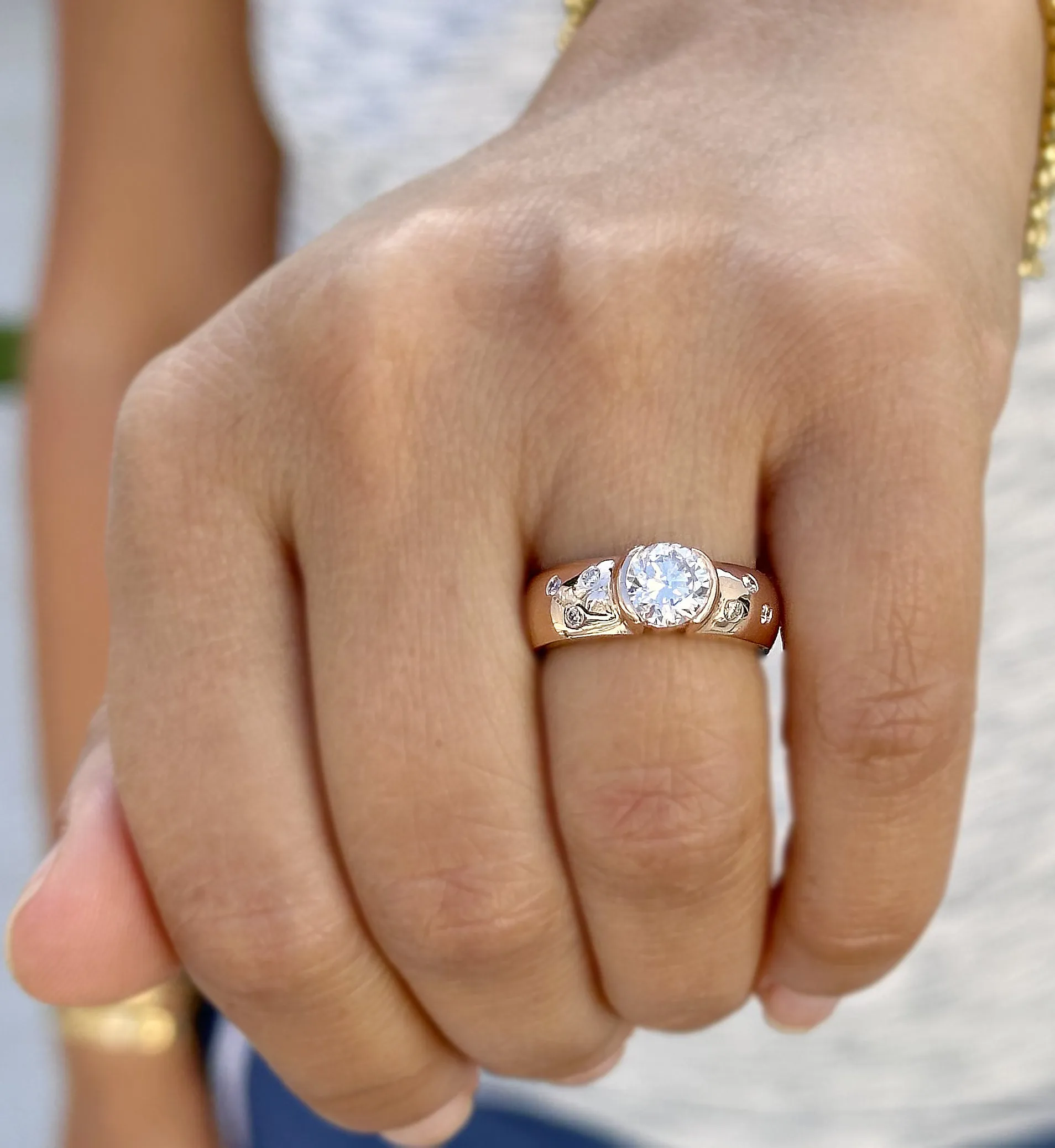 Round Cut Moissanite Semi Bezel Style Engagement Ring Set In 14K Solid And Heavy Rose Gold Wedding Ring Women's Bridal Ring 1.06ctw