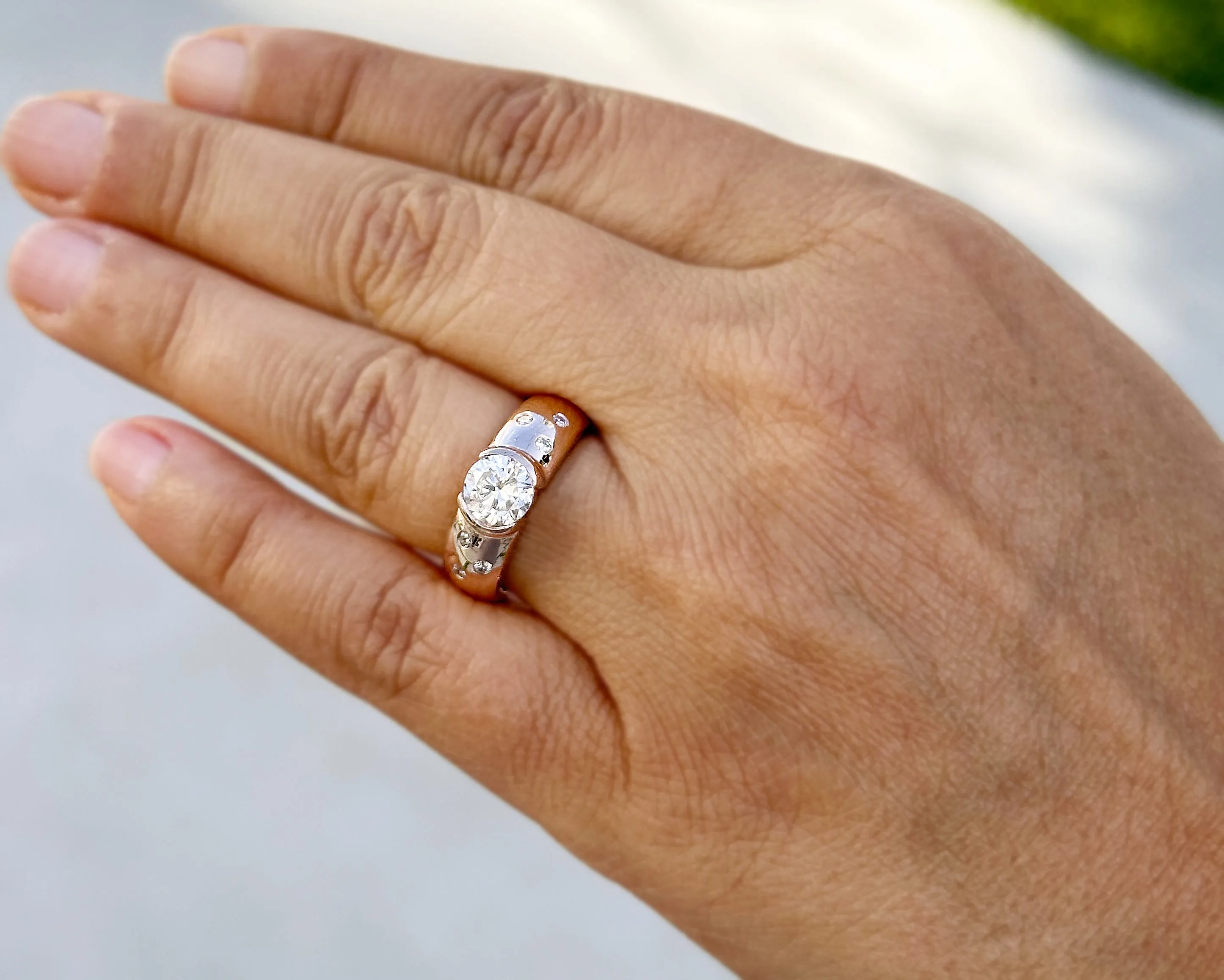 Round Cut Moissanite Semi Bezel Style Engagement Ring Set In 14K Solid And Heavy Rose Gold Wedding Ring Women's Bridal Ring 1.06ctw