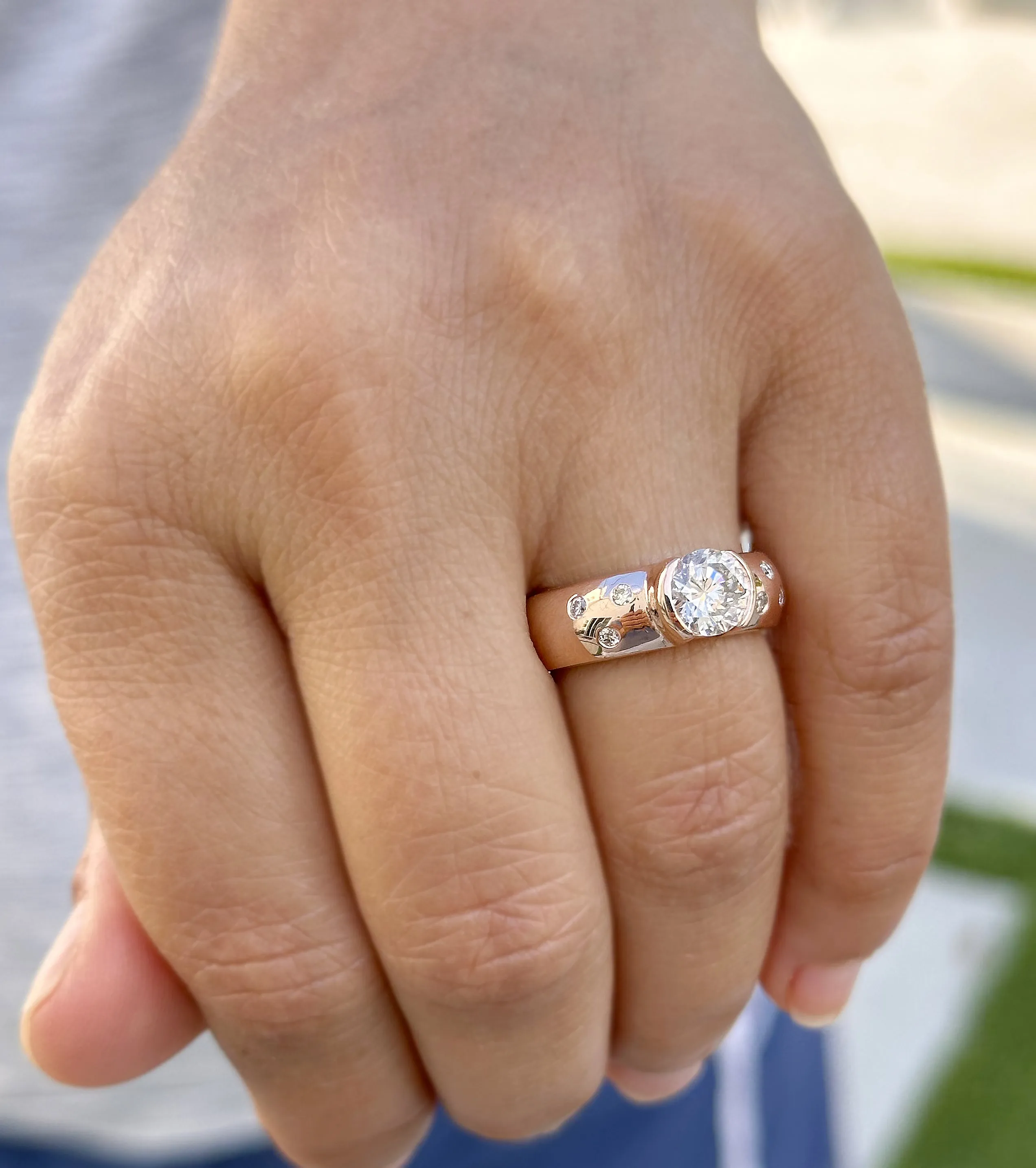 Round Cut Moissanite Semi Bezel Style Engagement Ring Set In 14K Solid And Heavy Rose Gold Wedding Ring Women's Bridal Ring 1.06ctw
