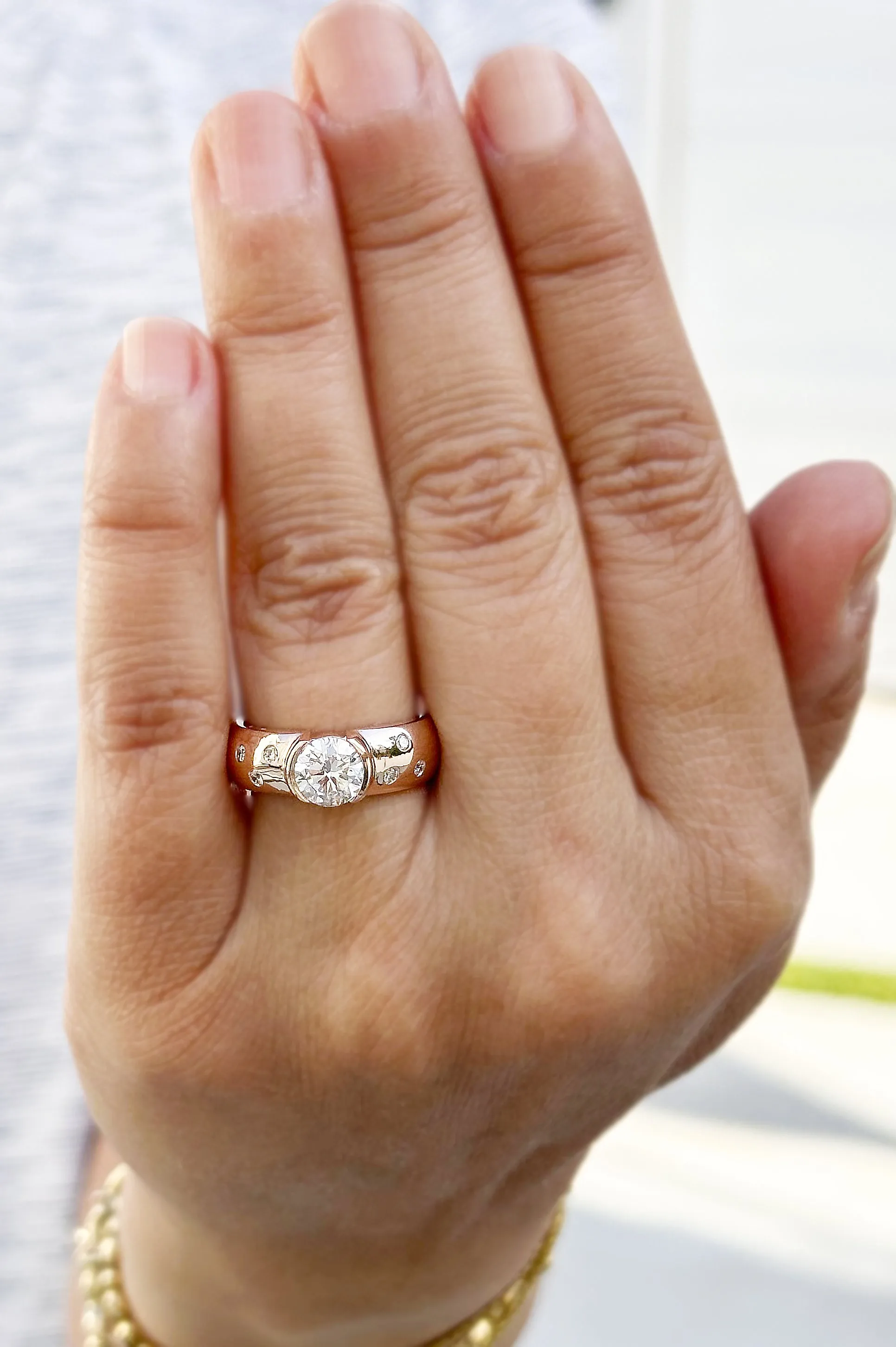 Round Cut Moissanite Semi Bezel Style Engagement Ring Set In 14K Solid And Heavy Rose Gold Wedding Ring Women's Bridal Ring 1.06ctw