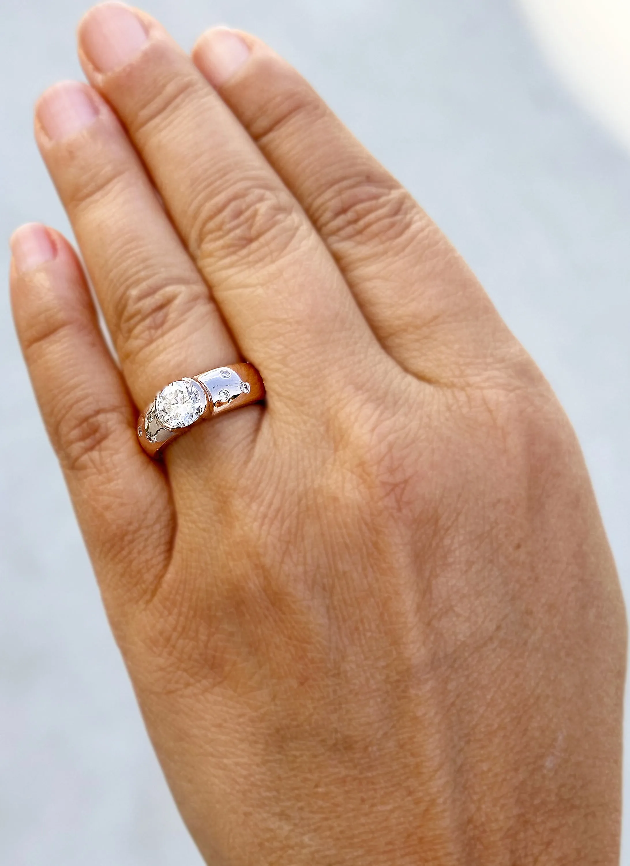 Round Cut Moissanite Semi Bezel Style Engagement Ring Set In 14K Solid And Heavy Rose Gold Wedding Ring Women's Bridal Ring 1.06ctw