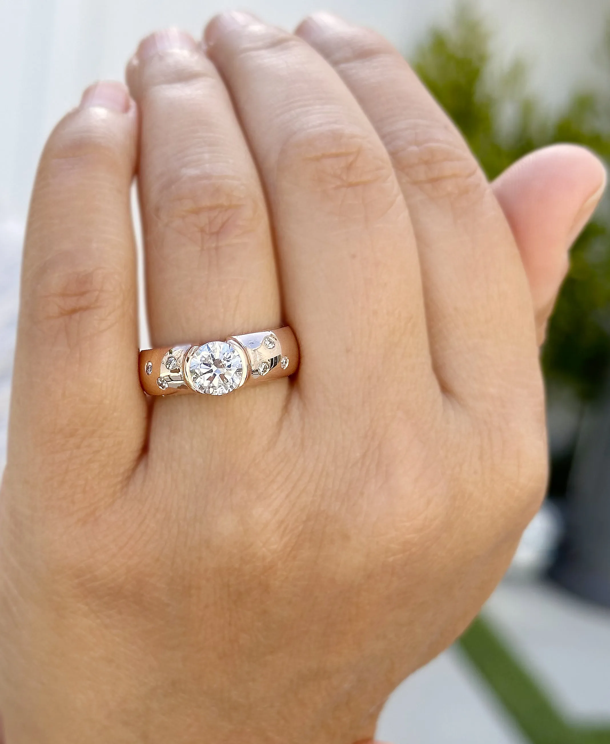Round Cut Moissanite Semi Bezel Style Engagement Ring Set In 14K Solid And Heavy Rose Gold Wedding Ring Women's Bridal Ring 1.06ctw
