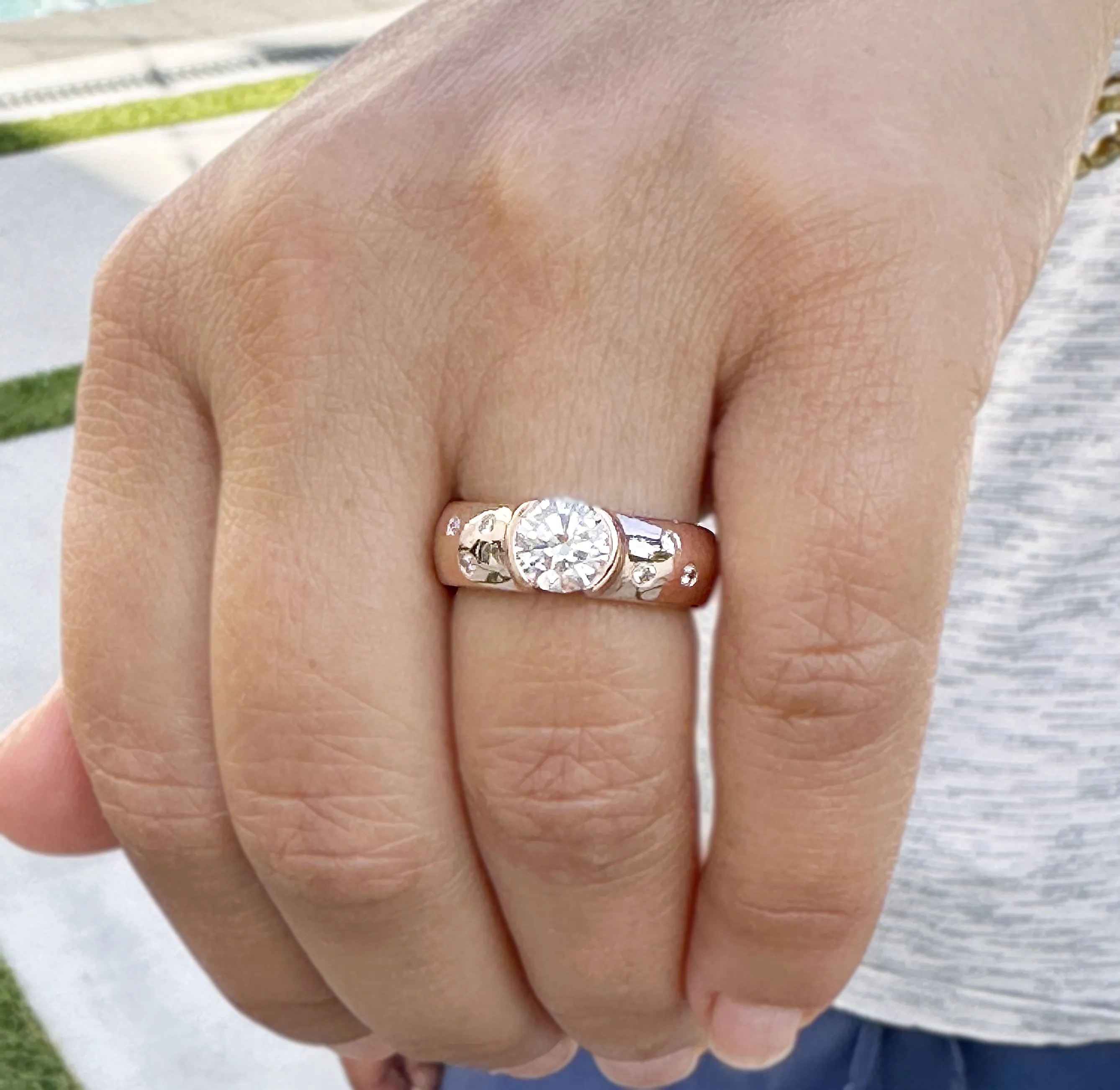 Round Cut Moissanite Semi Bezel Style Engagement Ring Set In 14K Solid And Heavy Rose Gold Wedding Ring Women's Bridal Ring 1.06ctw
