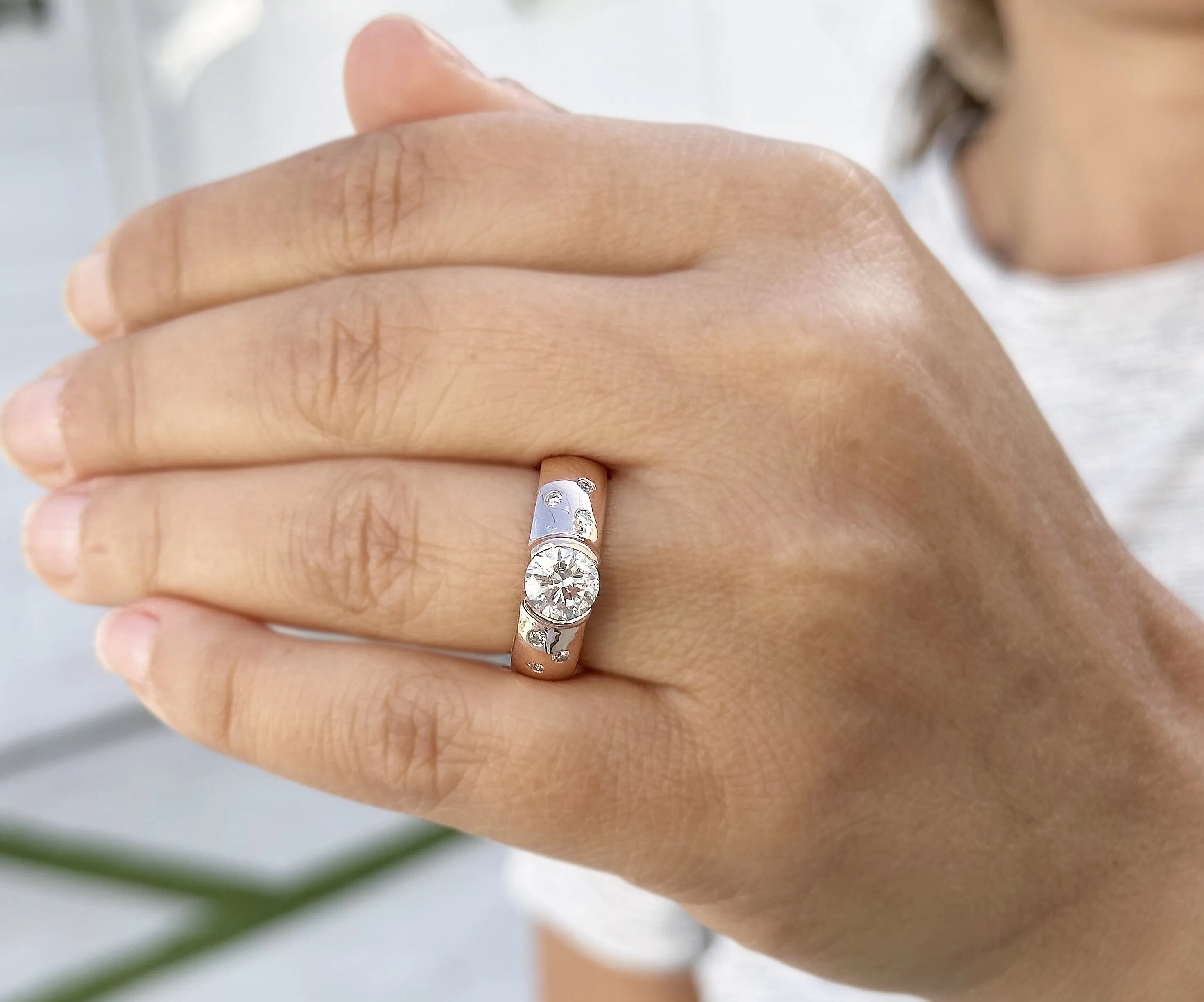 Round Cut Moissanite Semi Bezel Style Engagement Ring Set In 14K Solid And Heavy Rose Gold Wedding Ring Women's Bridal Ring 1.06ctw
