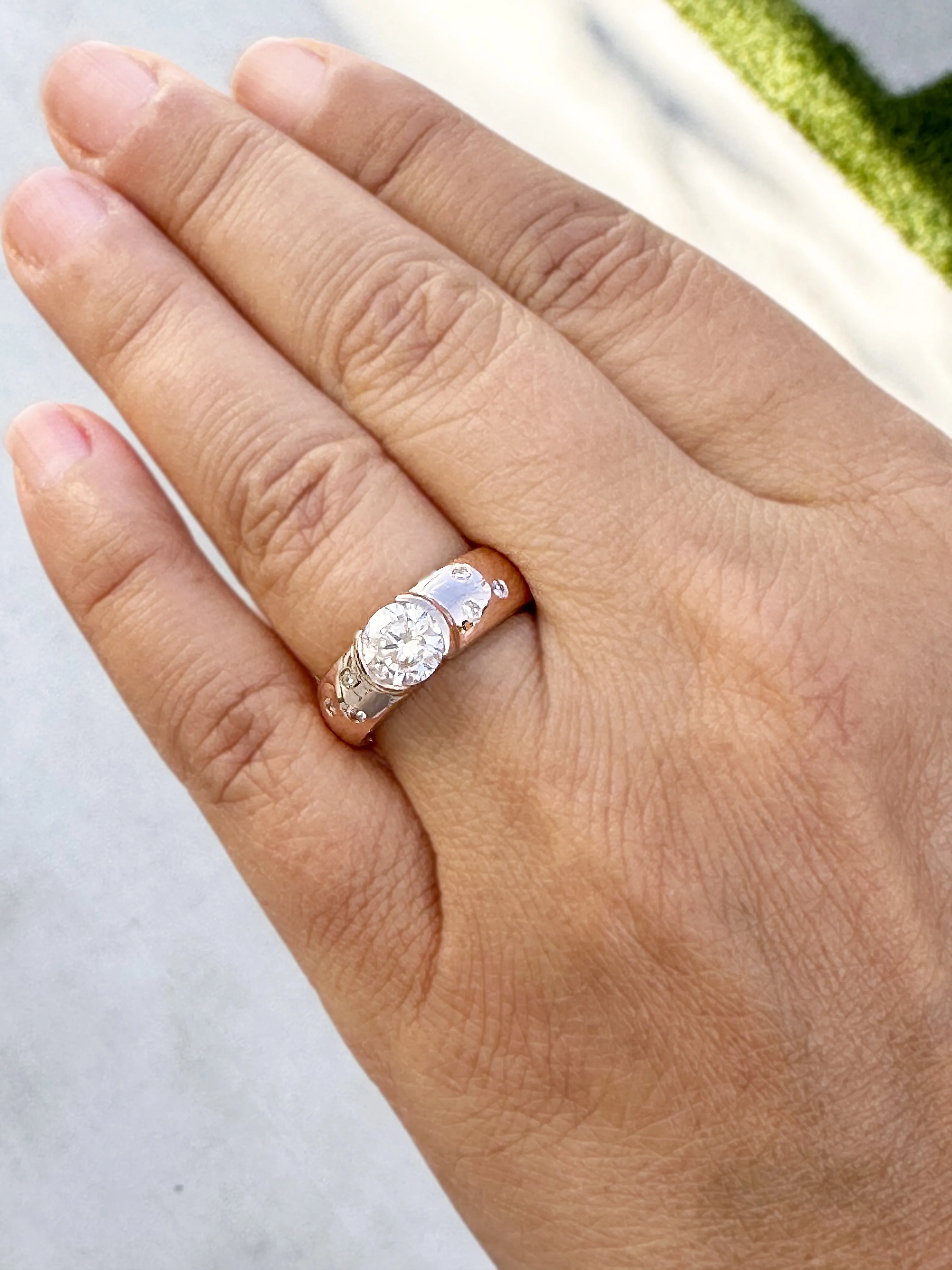 Round Cut Moissanite Semi Bezel Style Engagement Ring Set In 14K Solid And Heavy Rose Gold Wedding Ring Women's Bridal Ring 1.06ctw