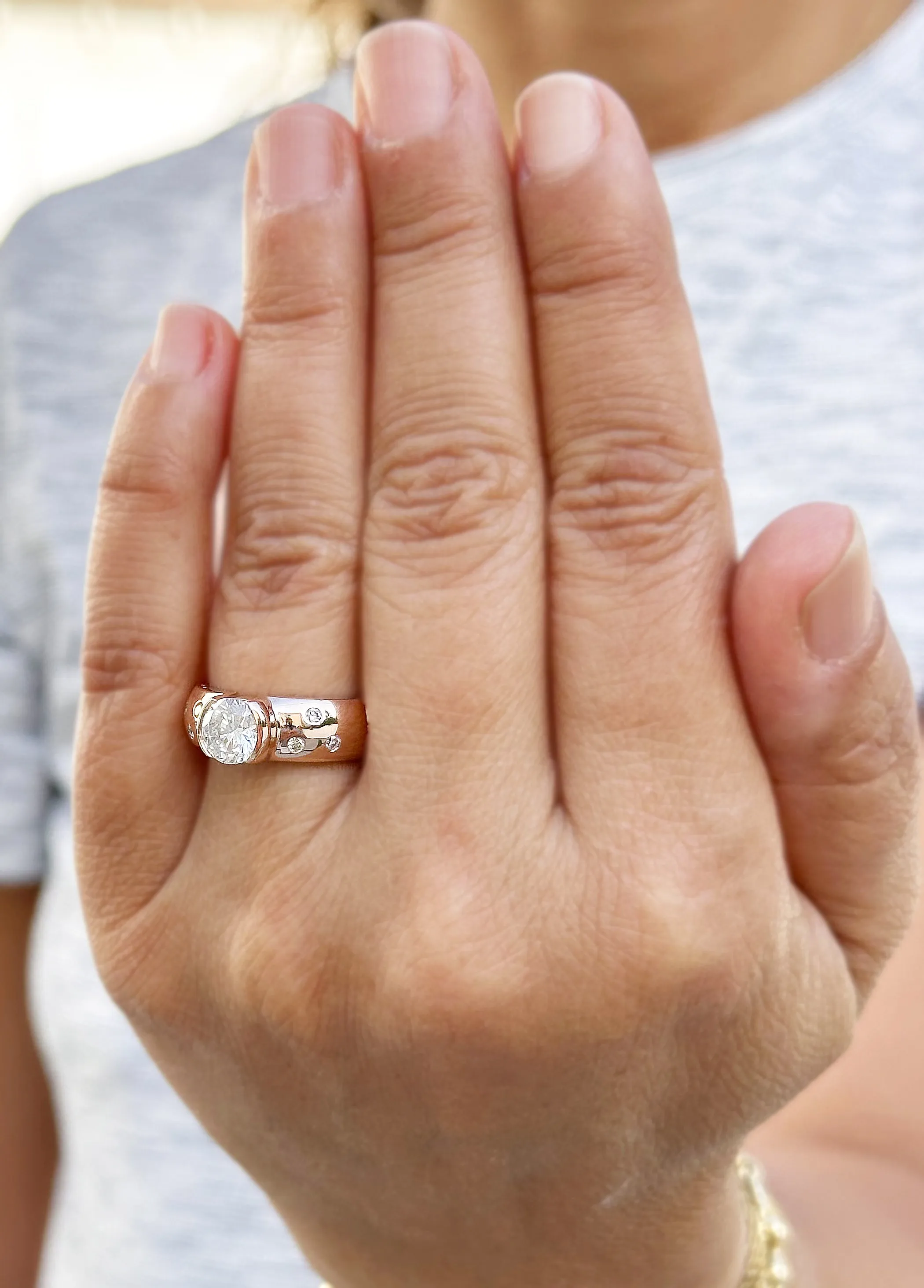 Round Cut Moissanite Semi Bezel Style Engagement Ring Set In 14K Solid And Heavy Rose Gold Wedding Ring Women's Bridal Ring 1.06ctw