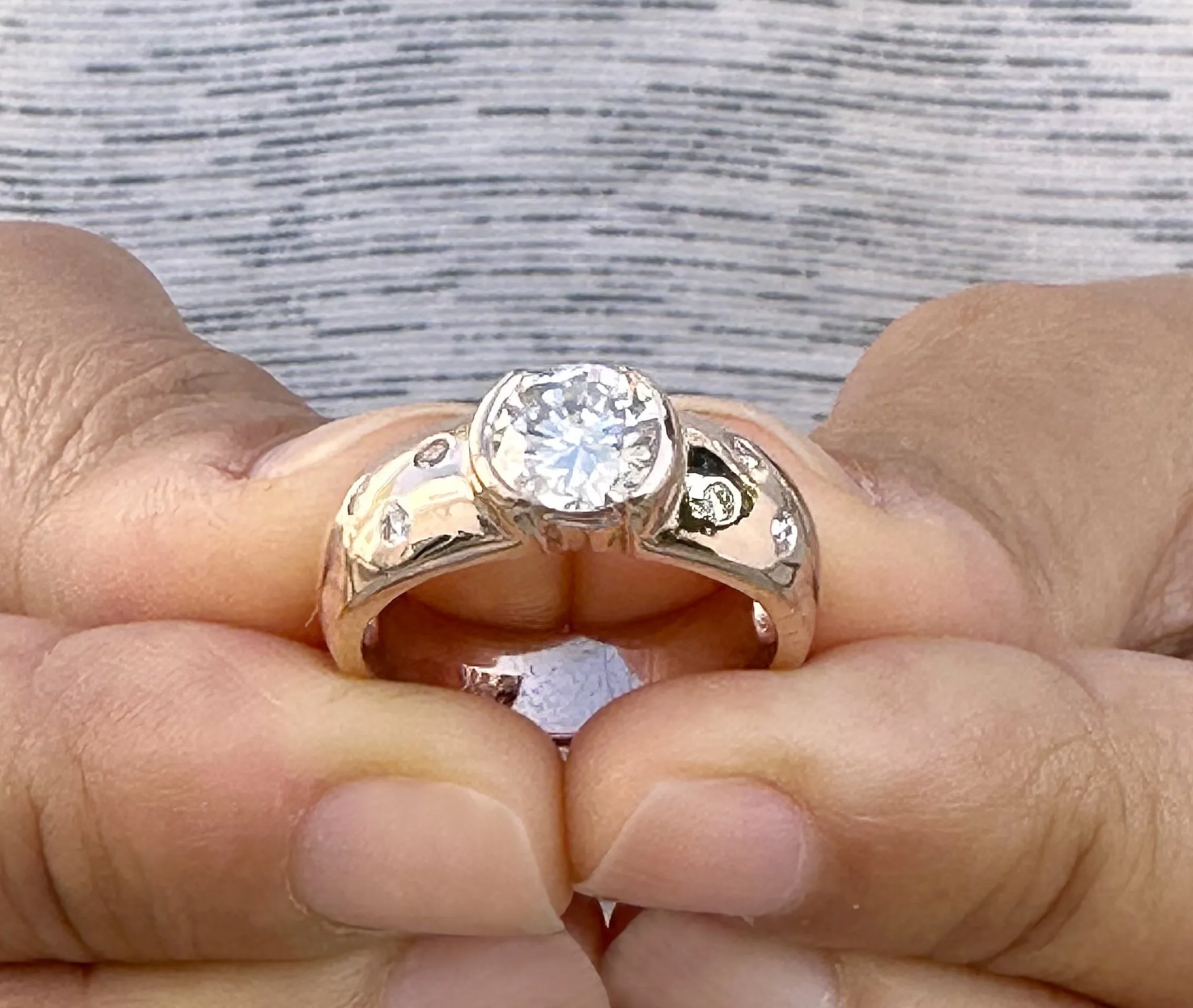 Round Cut Moissanite Semi Bezel Style Engagement Ring Set In 14K Solid And Heavy Rose Gold Wedding Ring Women's Bridal Ring 1.06ctw
