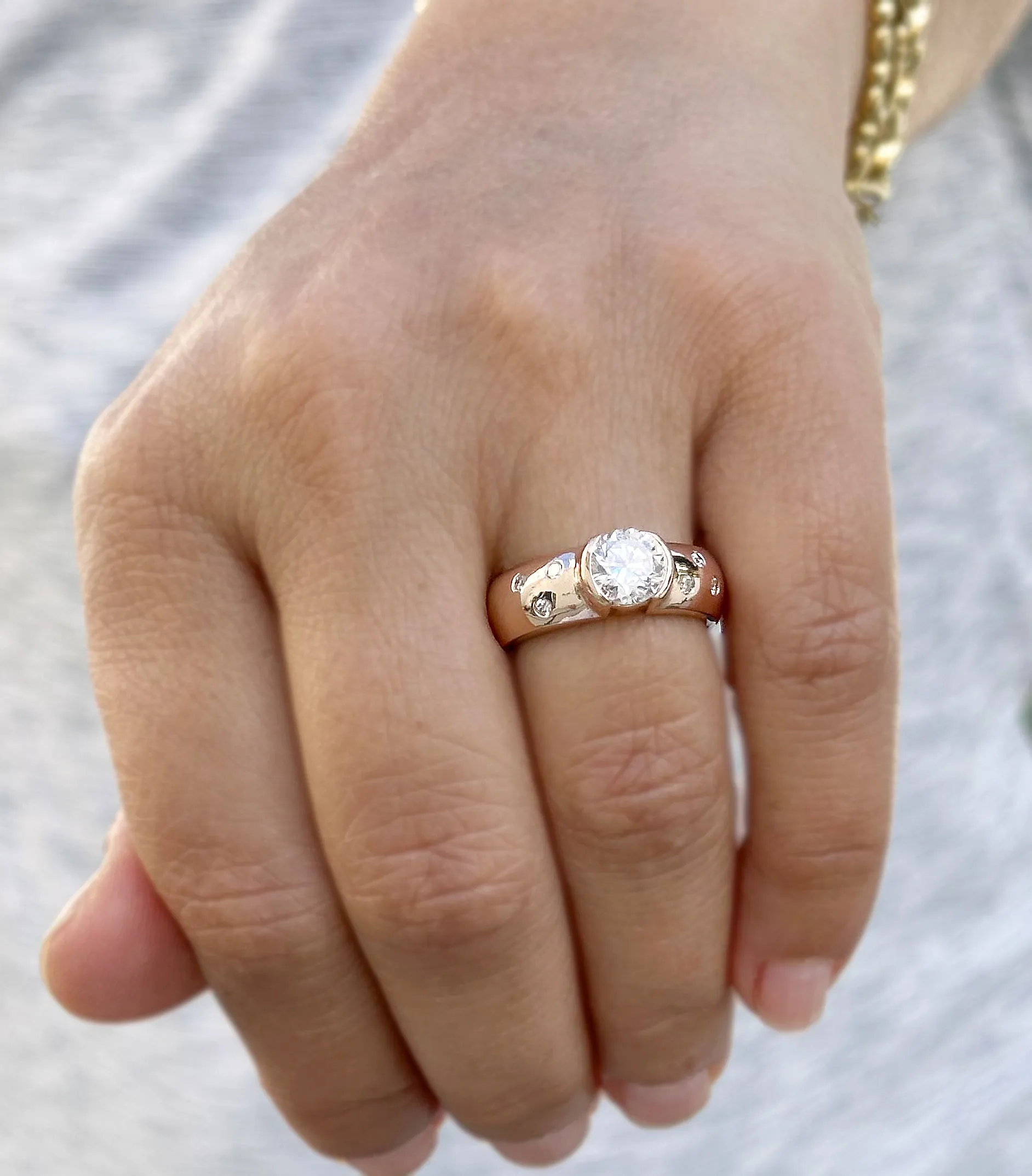 Round Cut Moissanite Semi Bezel Style Engagement Ring Set In 14K Solid And Heavy Rose Gold Wedding Ring Women's Bridal Ring 1.06ctw
